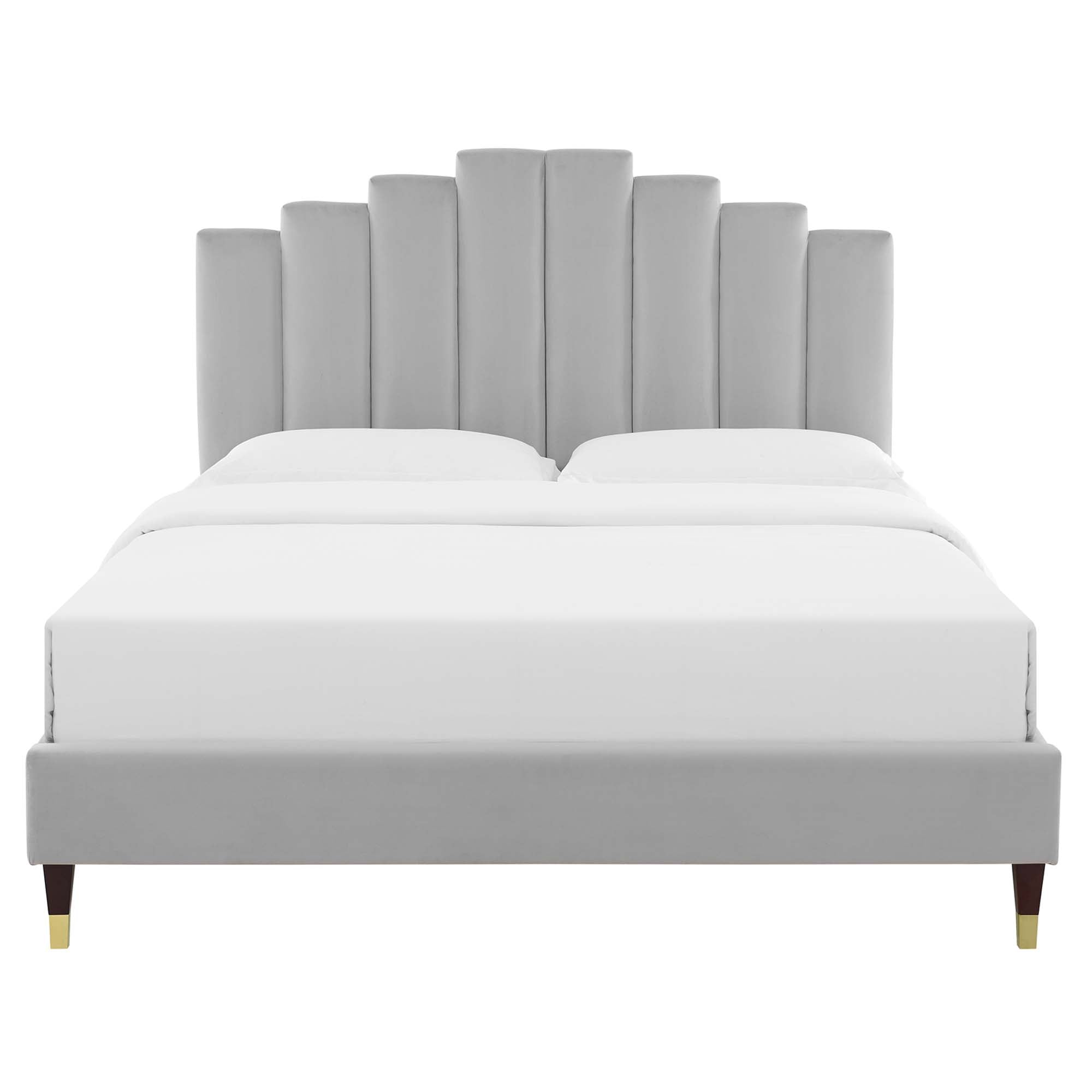 Light Clorwyn Grey Full Performance Velvet Platform Bed – Channel Tufted Headboard