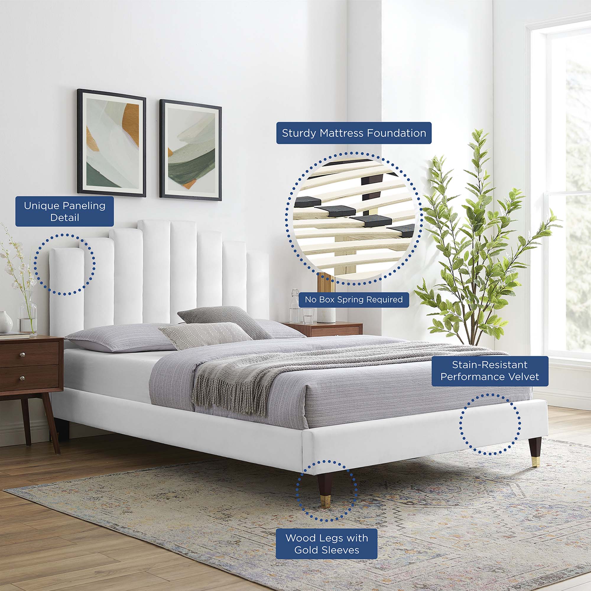 Albris White King Performance Velvet Platform Bed – Channel Tufted