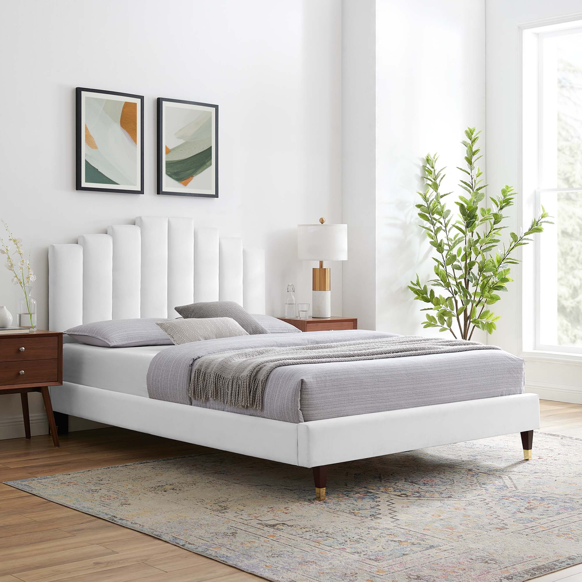 Albris White King Performance Velvet Platform Bed – Channel Tufted