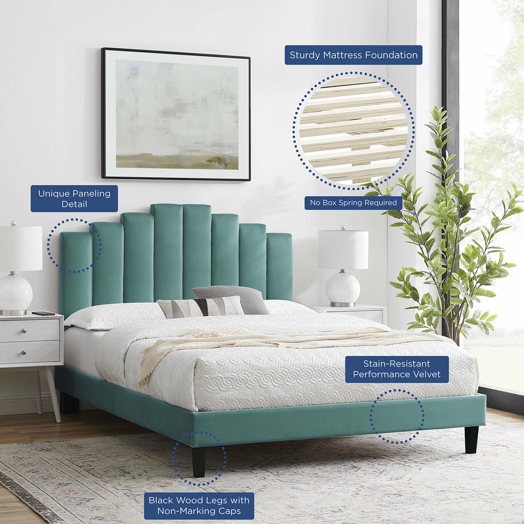 Twin Derren Teal Velvet Platform Bed Frame – Upholstered Channel Tufted Headboard