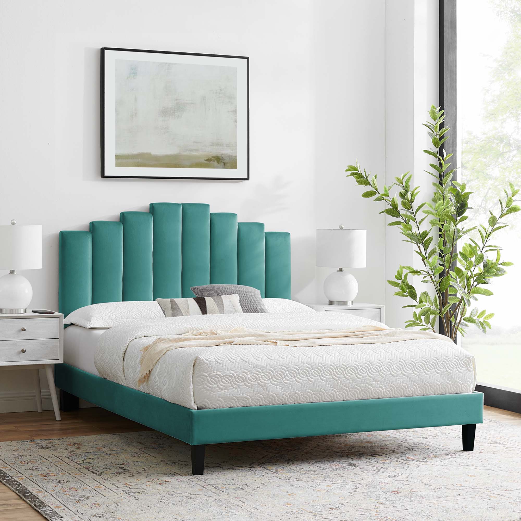 Twin Derren Teal Velvet Platform Bed Frame – Upholstered Channel Tufted Headboard