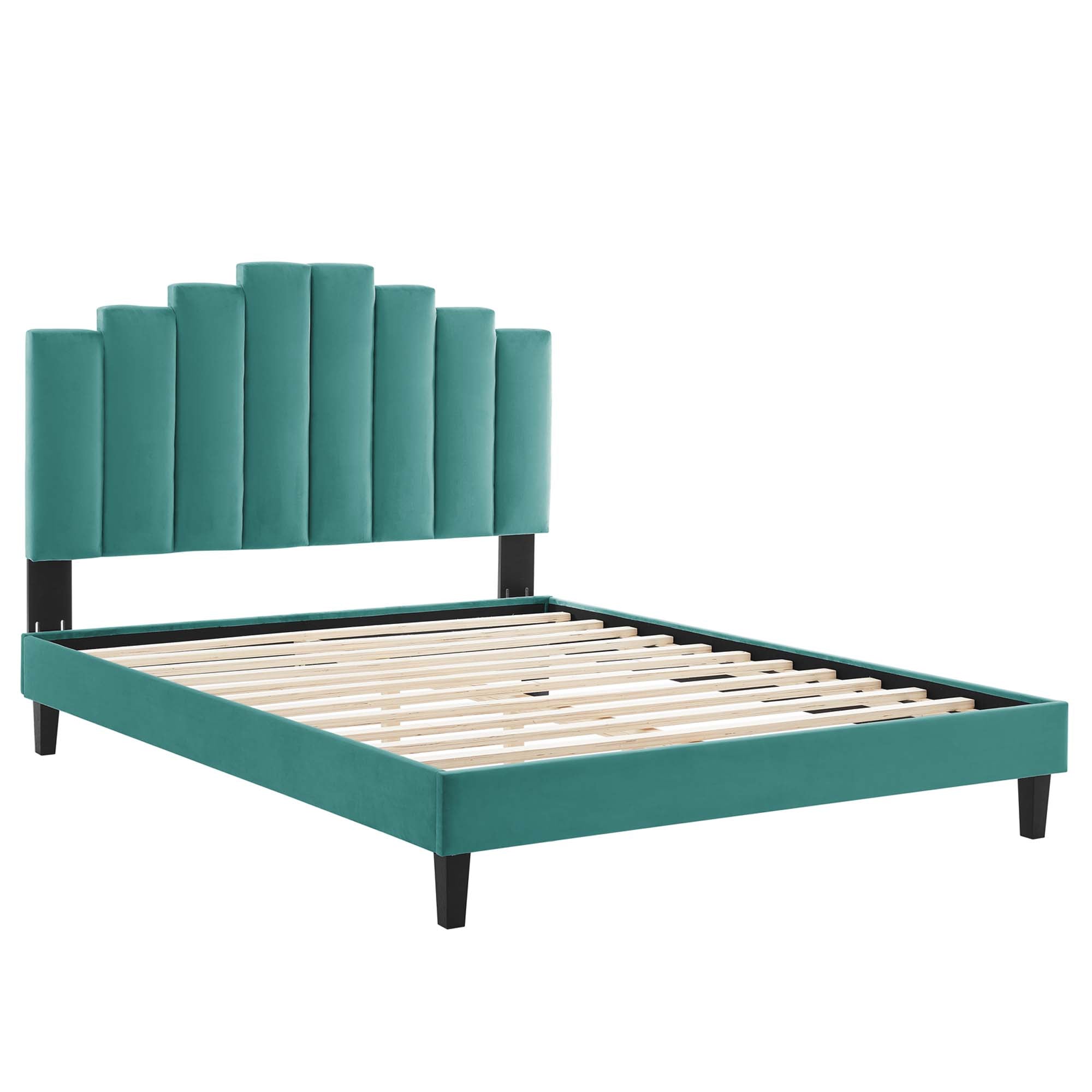Twin Derren Teal Velvet Platform Bed Frame – Upholstered Channel Tufted Headboard