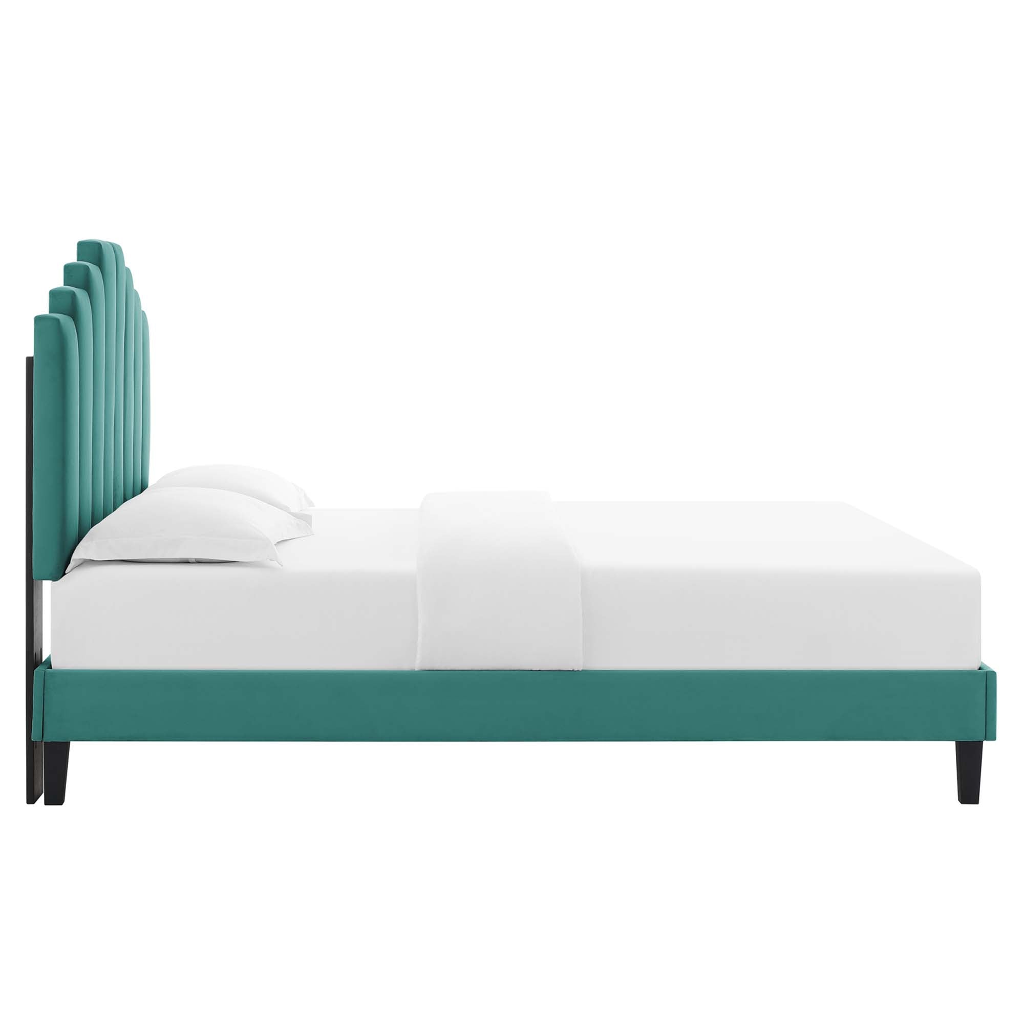 Twin Derren Teal Velvet Platform Bed Frame – Upholstered Channel Tufted Headboard