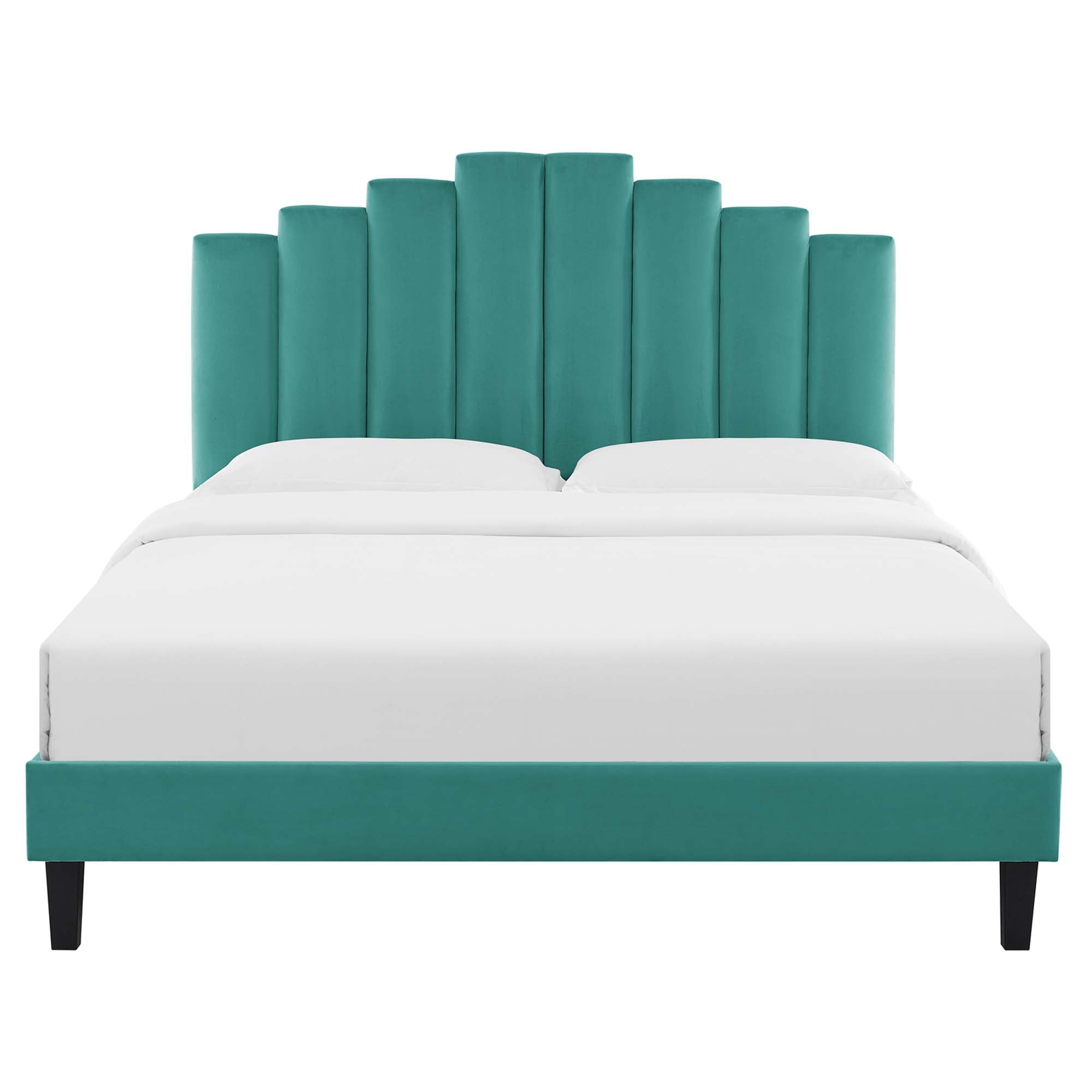 Twin Derren Teal Velvet Platform Bed Frame – Upholstered Channel Tufted Headboard