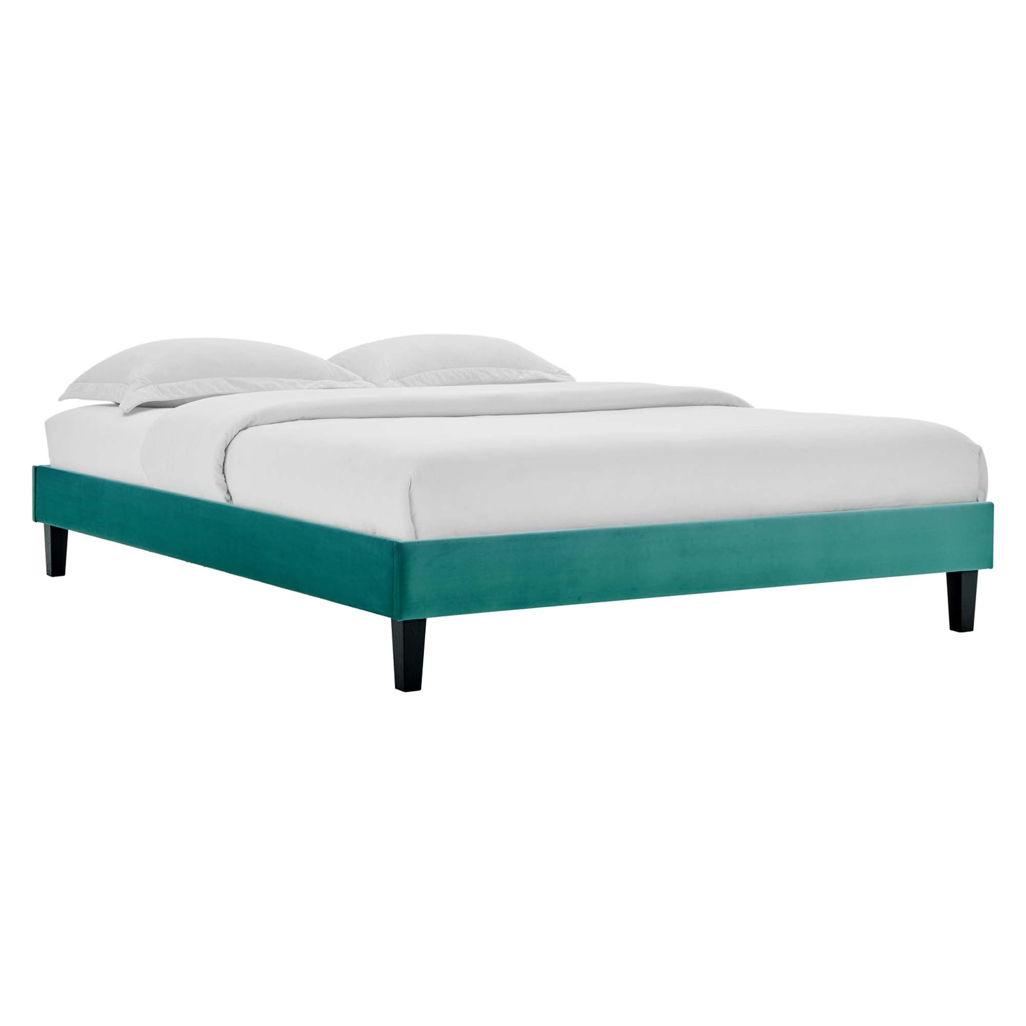 Twin Derren Teal Velvet Platform Bed Frame – Upholstered Channel Tufted Headboard