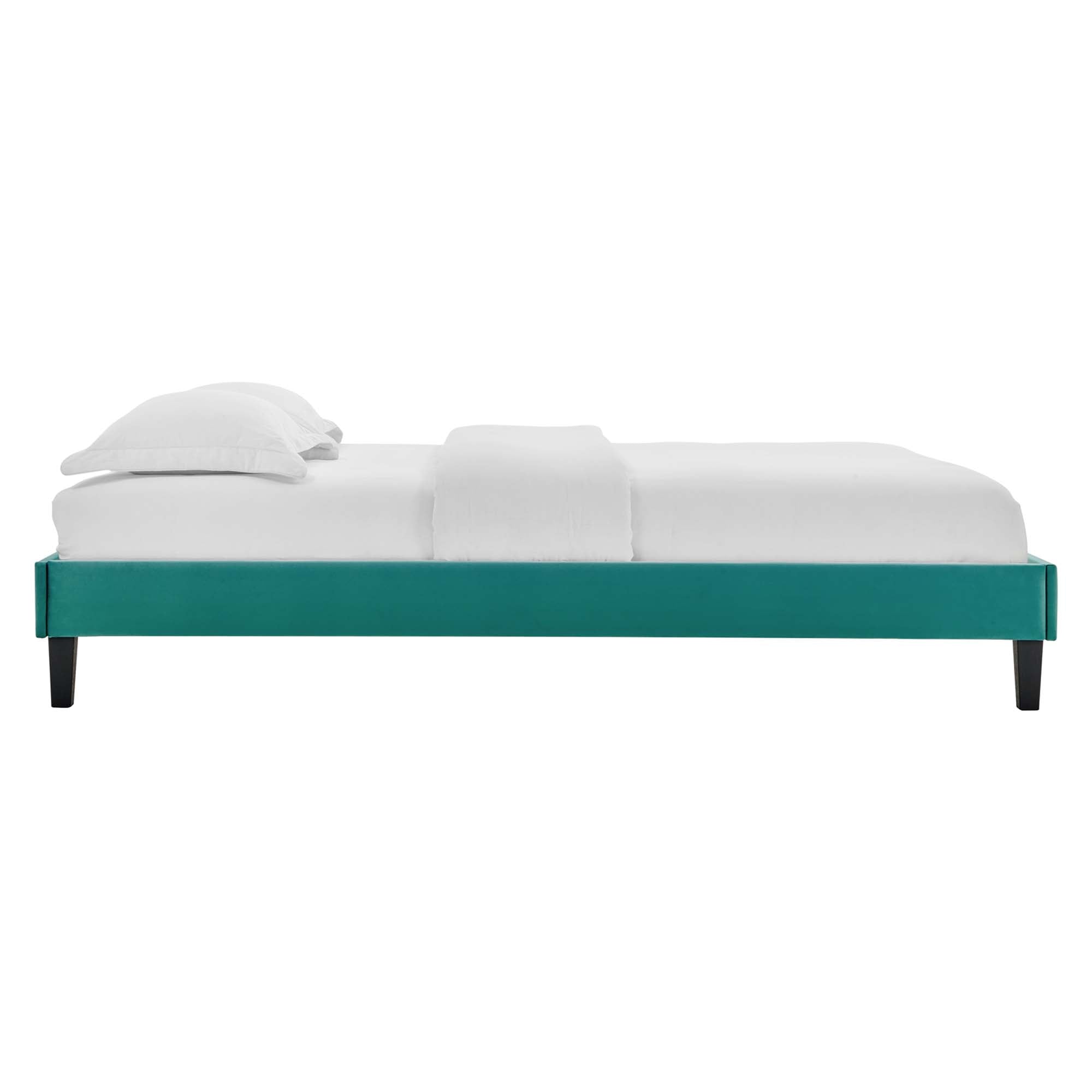 Twin Derren Teal Velvet Platform Bed Frame – Upholstered Channel Tufted Headboard