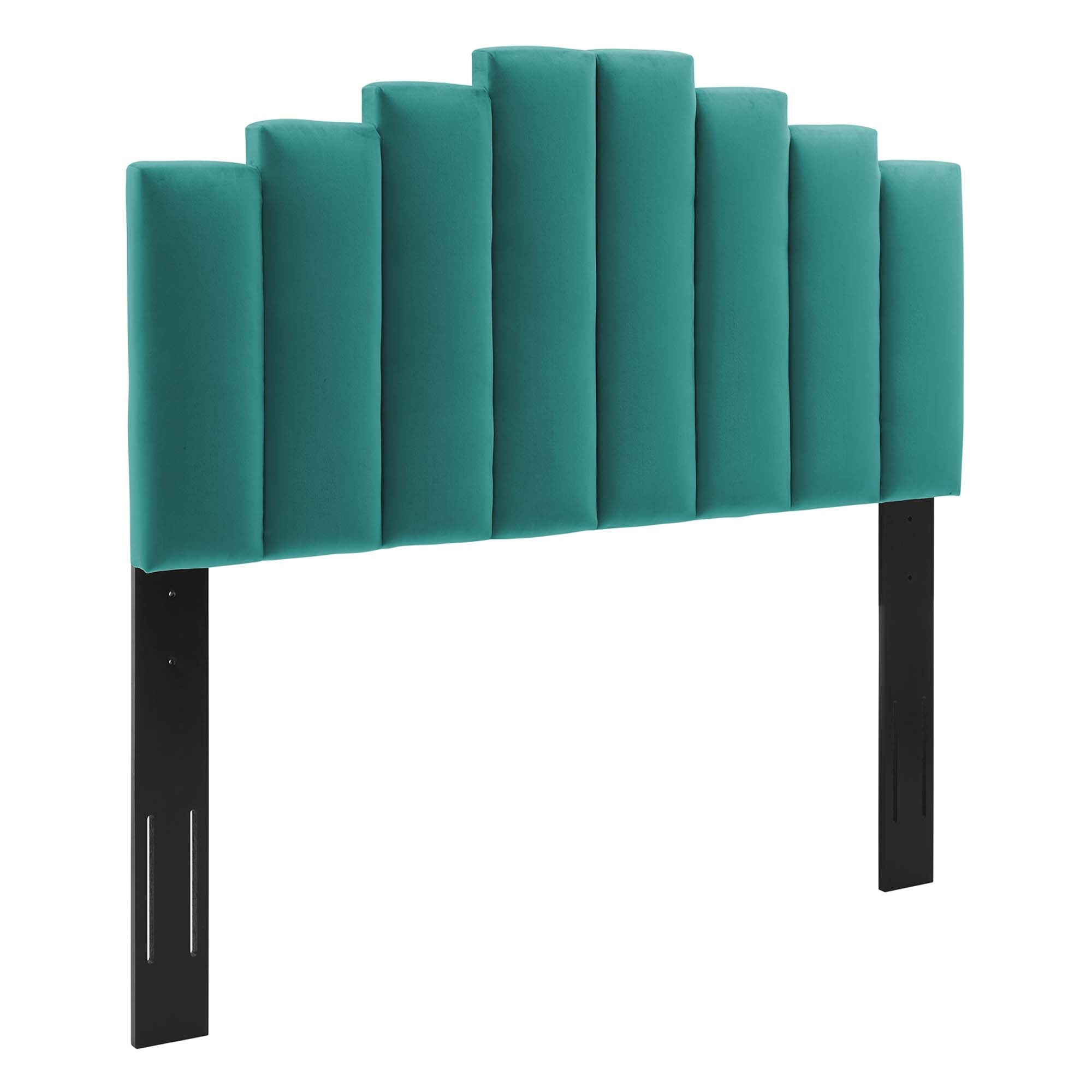 Twin Derren Teal Velvet Platform Bed Frame – Upholstered Channel Tufted Headboard