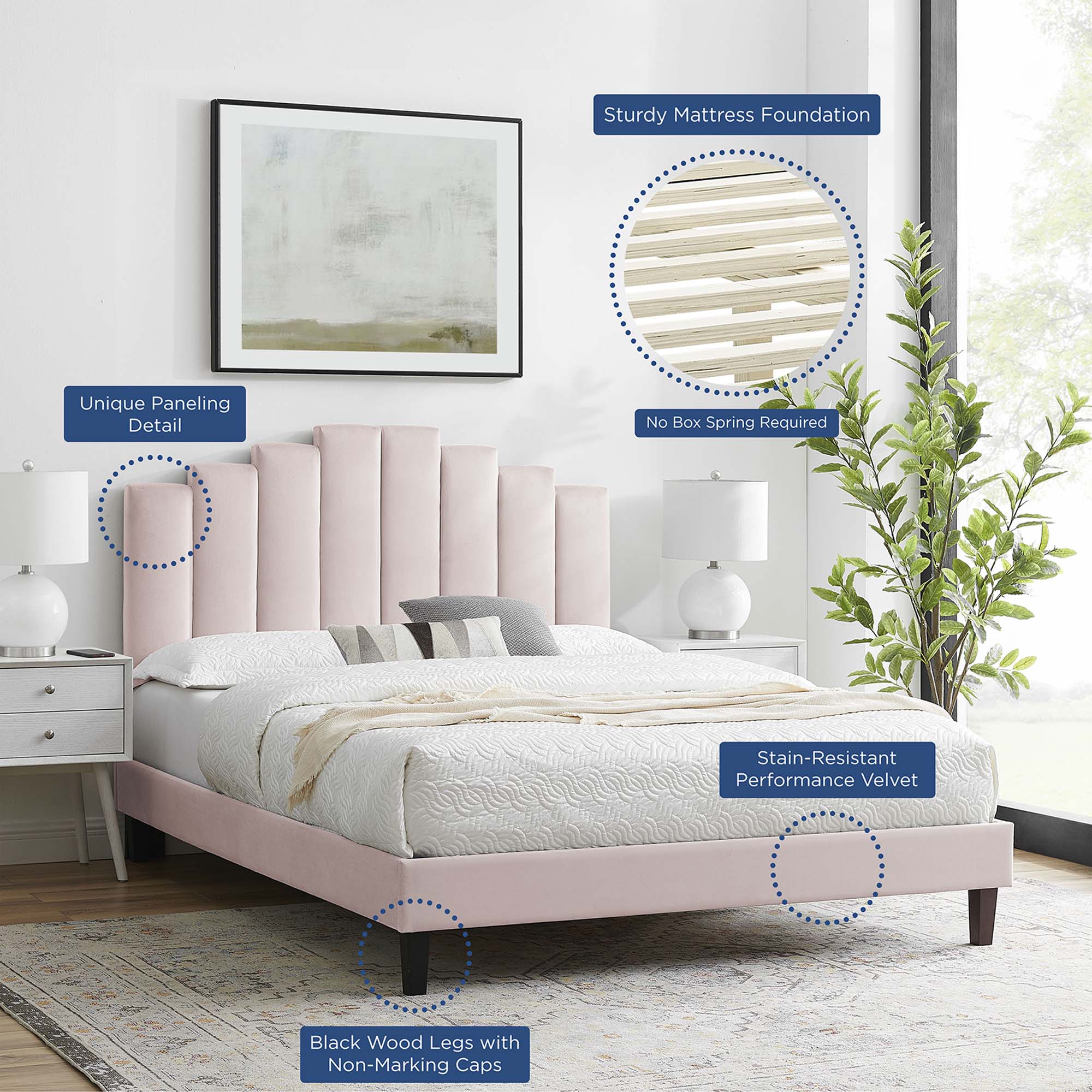 Belvor Performance Velvet Full Platform Bed Pink – Arched Channel Tufted Design