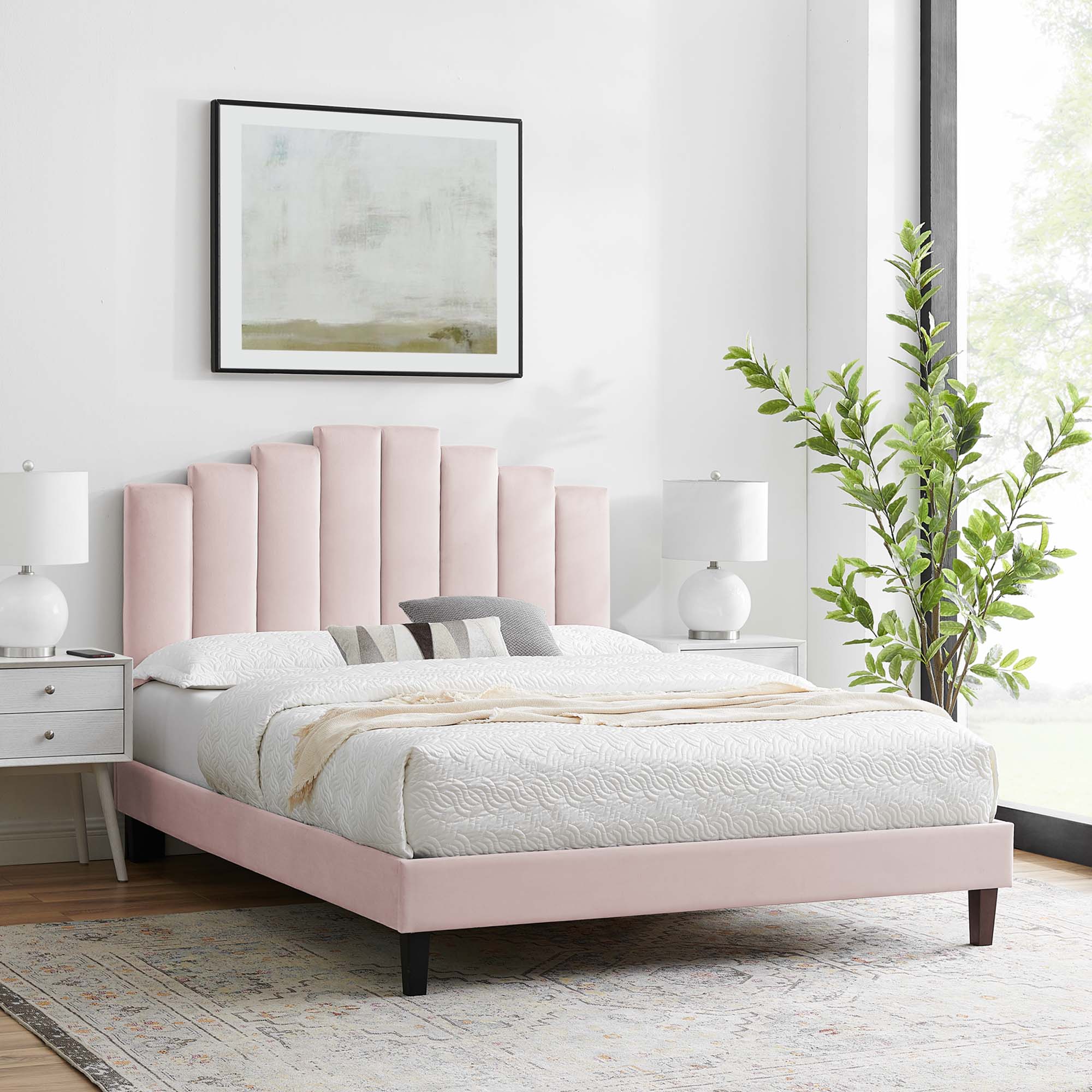 Belvor Performance Velvet Full Platform Bed Pink – Arched Channel Tufted Design