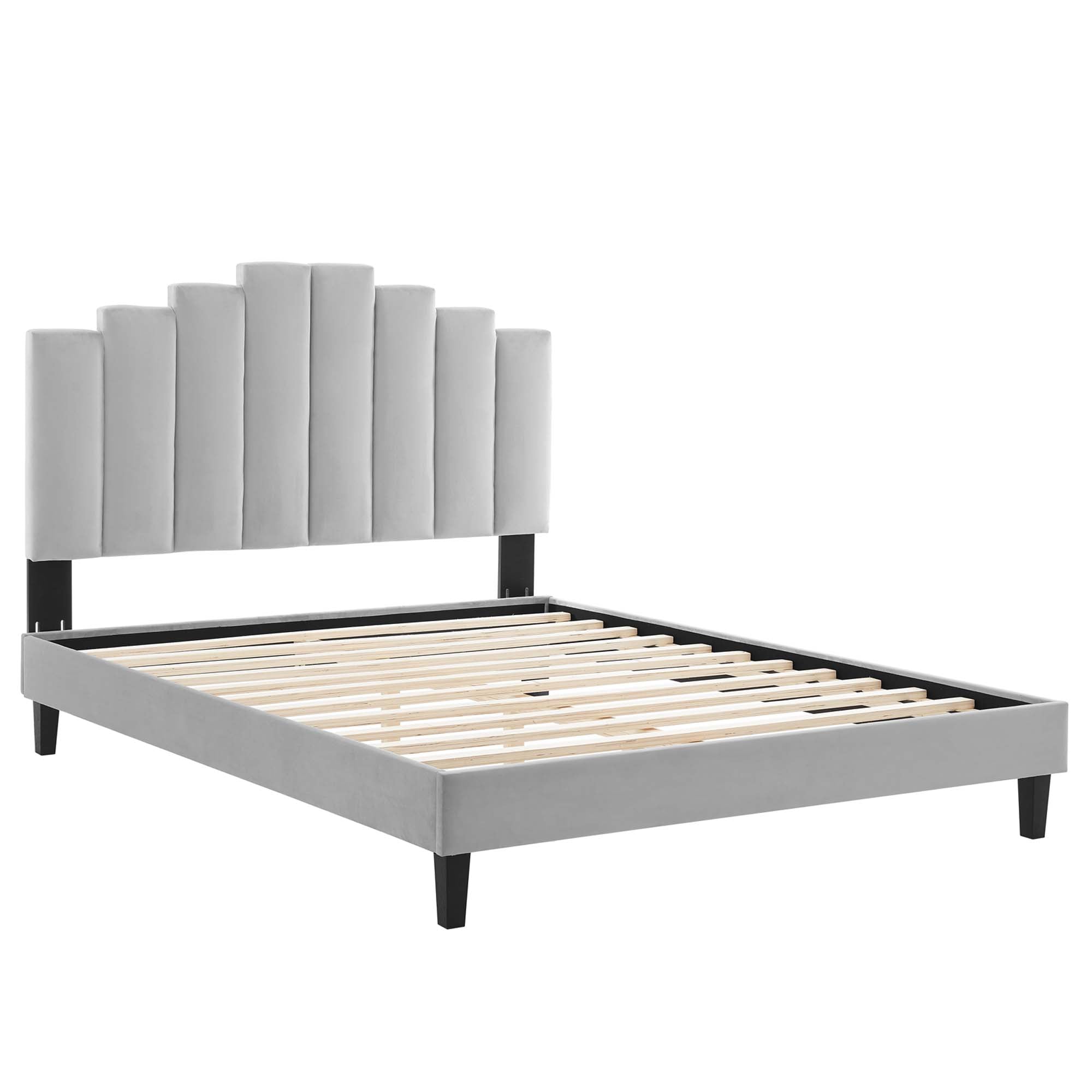 King Evelyn Light Grey Velvet Platform Bed – Channel Tufted Upholstered