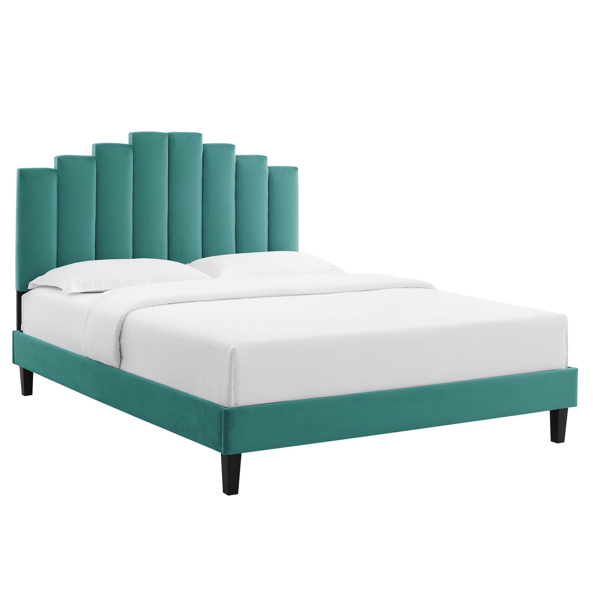 King Evelyn Light Grey Velvet Platform Bed – Channel Tufted Upholstered