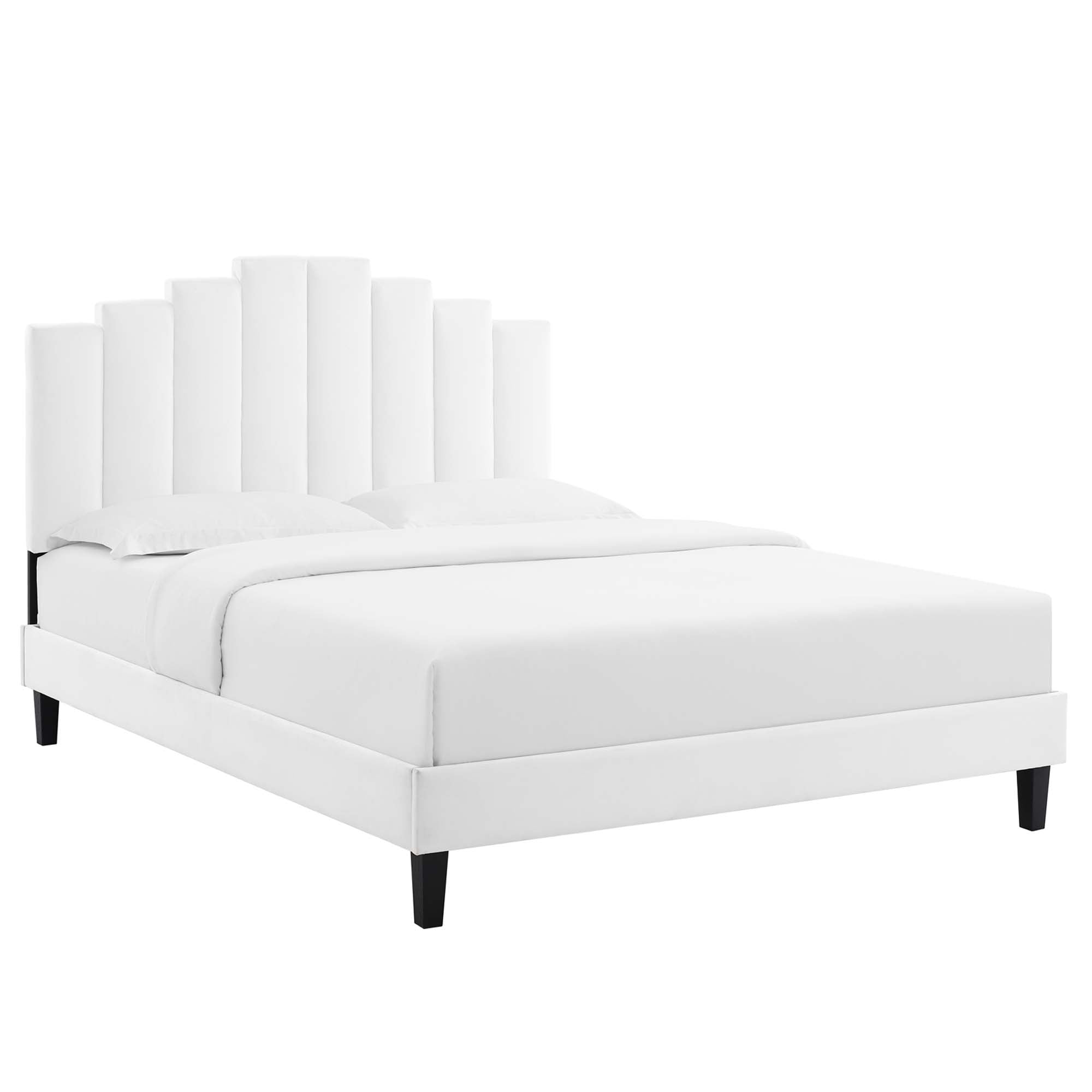 King Evelyn Light Grey Velvet Platform Bed – Channel Tufted Upholstered