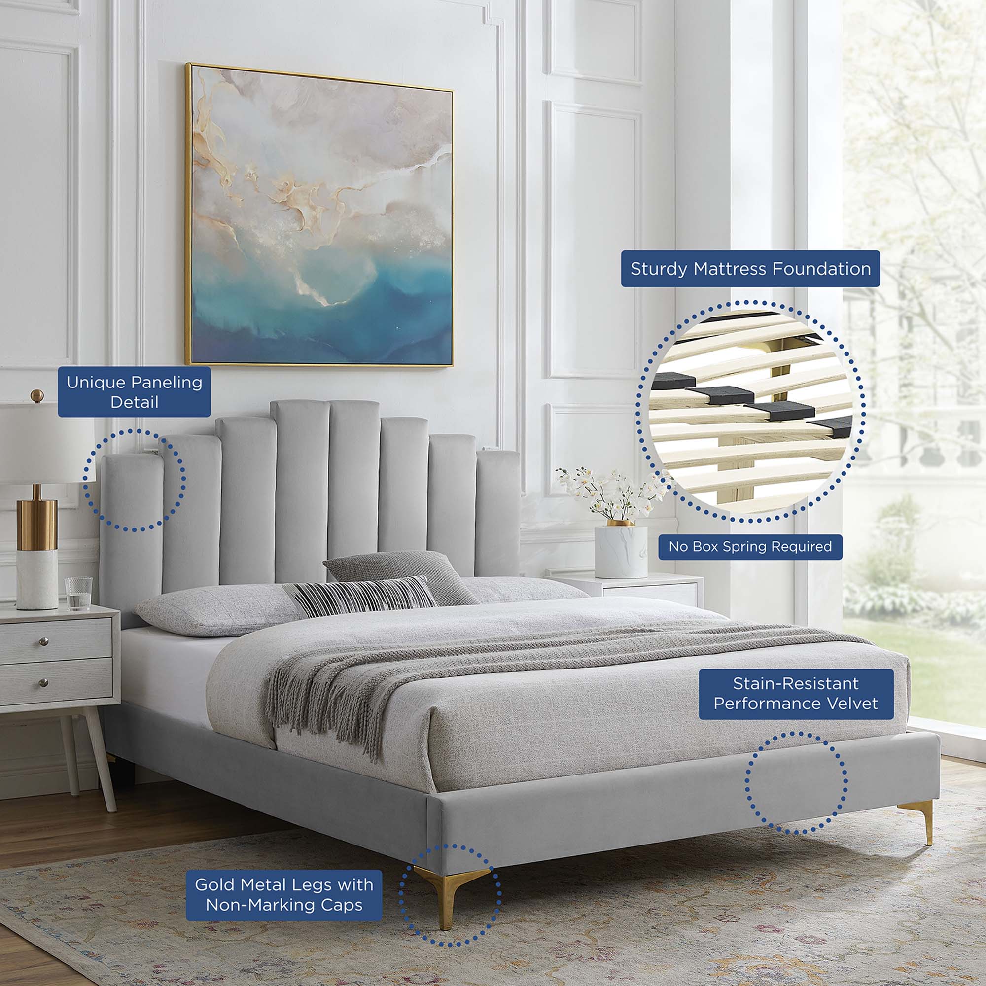 Caelis Twin Performance Velvet Platform Bed – Light Grey Tufted Upholstered Frame