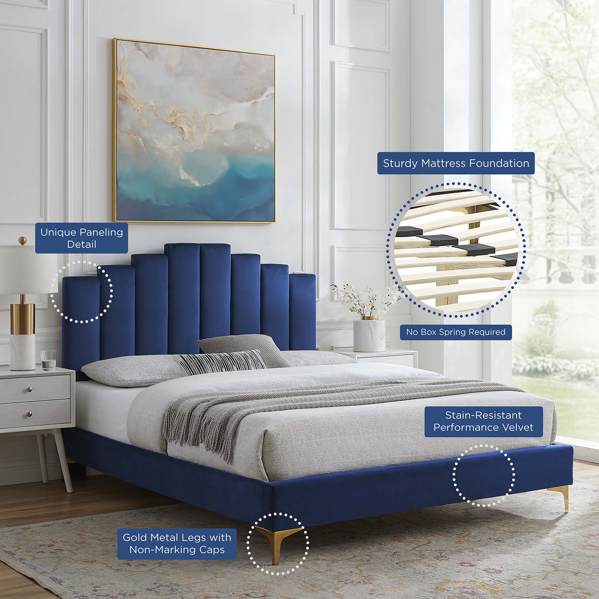 Faelyn Navy Full Performance Velvet Platform Bed – 800 lbs Capacity with Gold Legs