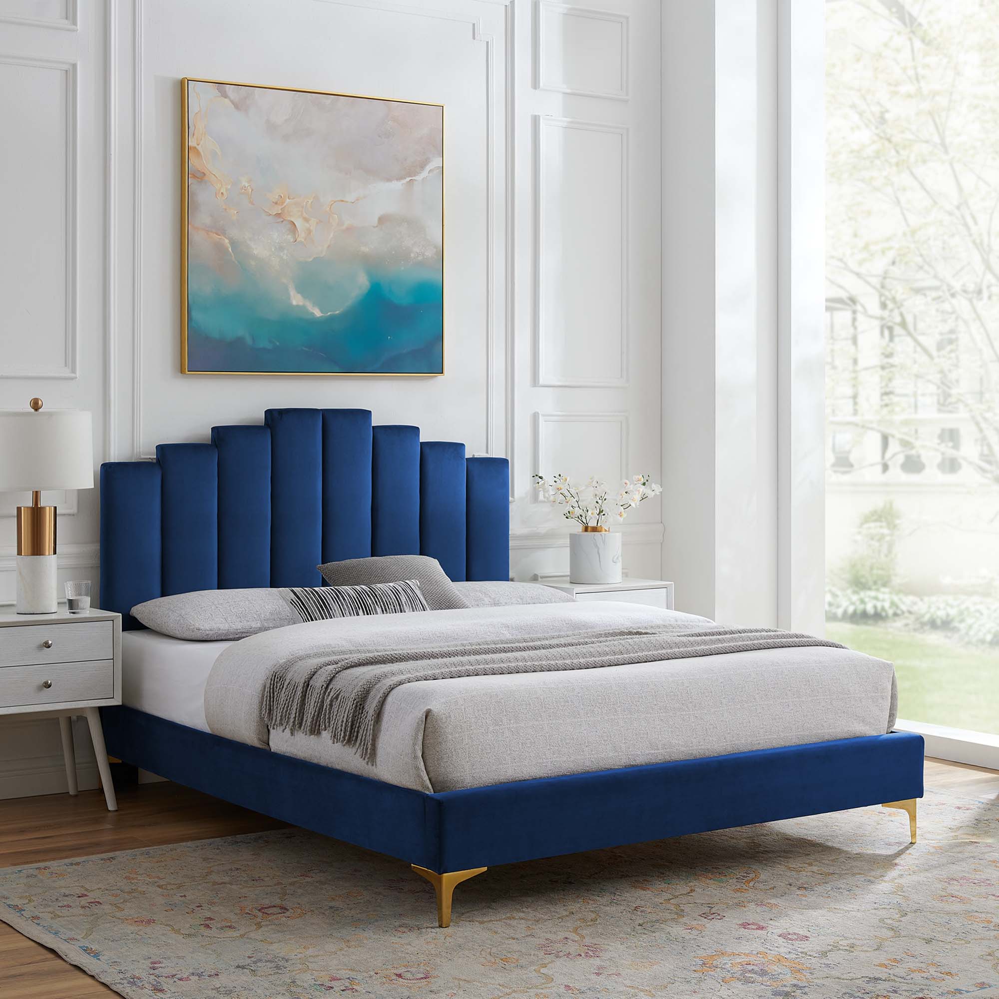 Faelyn Navy Full Performance Velvet Platform Bed – 800 lbs Capacity with Gold Legs