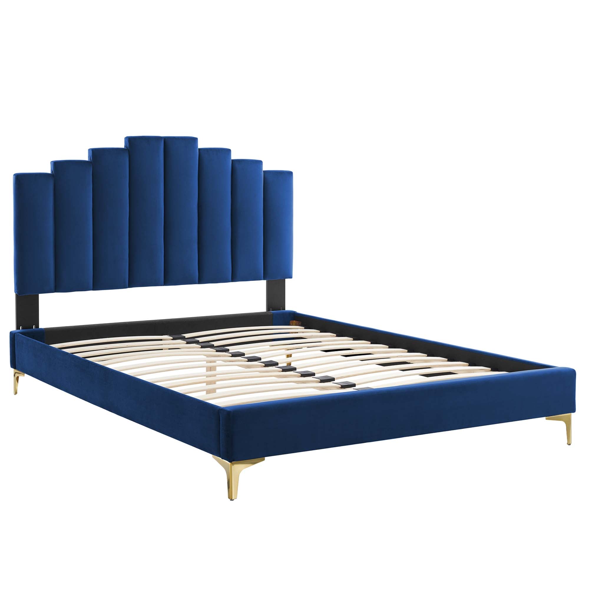 Faelyn Navy Full Performance Velvet Platform Bed – 800 lbs Capacity with Gold Legs