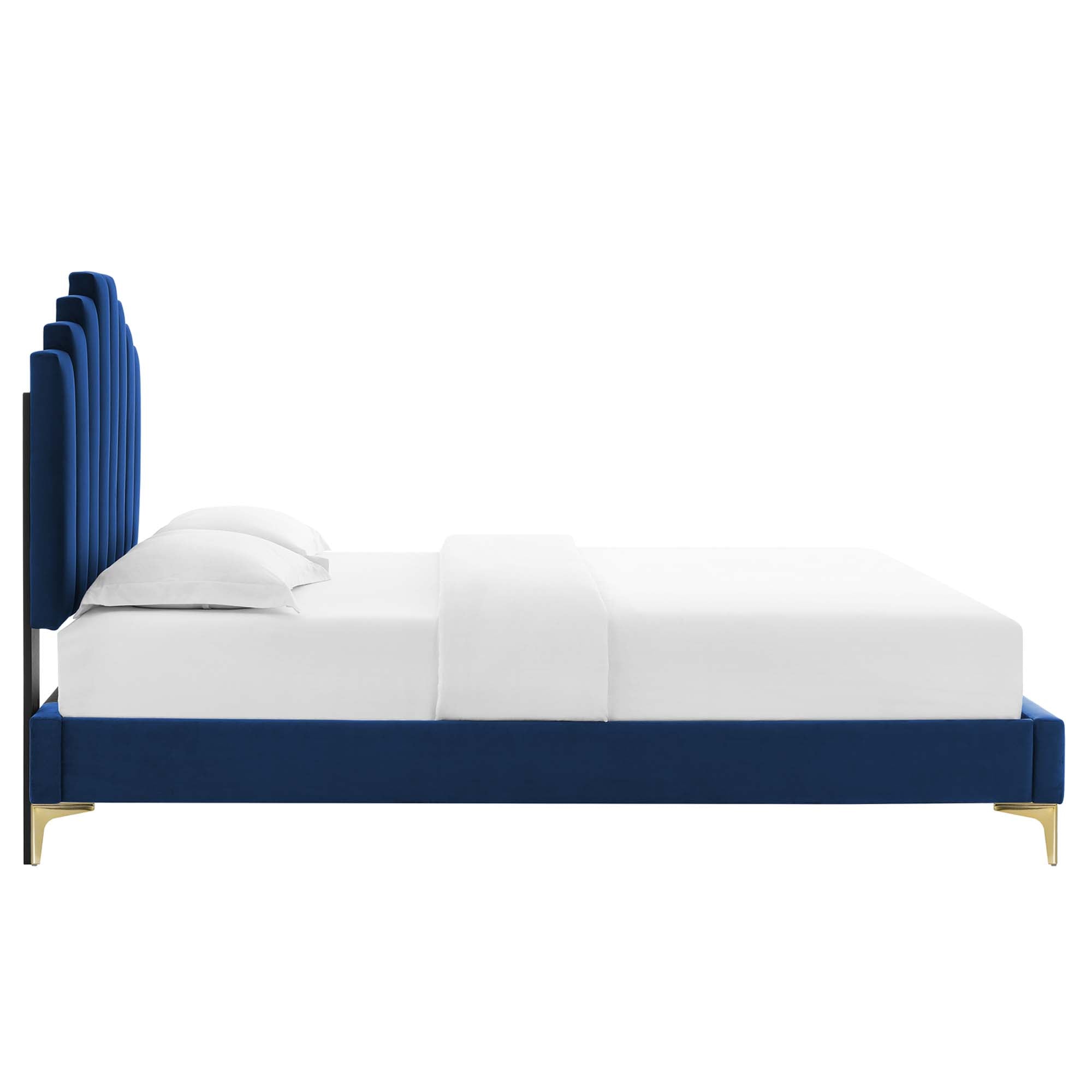 Faelyn Navy Full Performance Velvet Platform Bed – 800 lbs Capacity with Gold Legs
