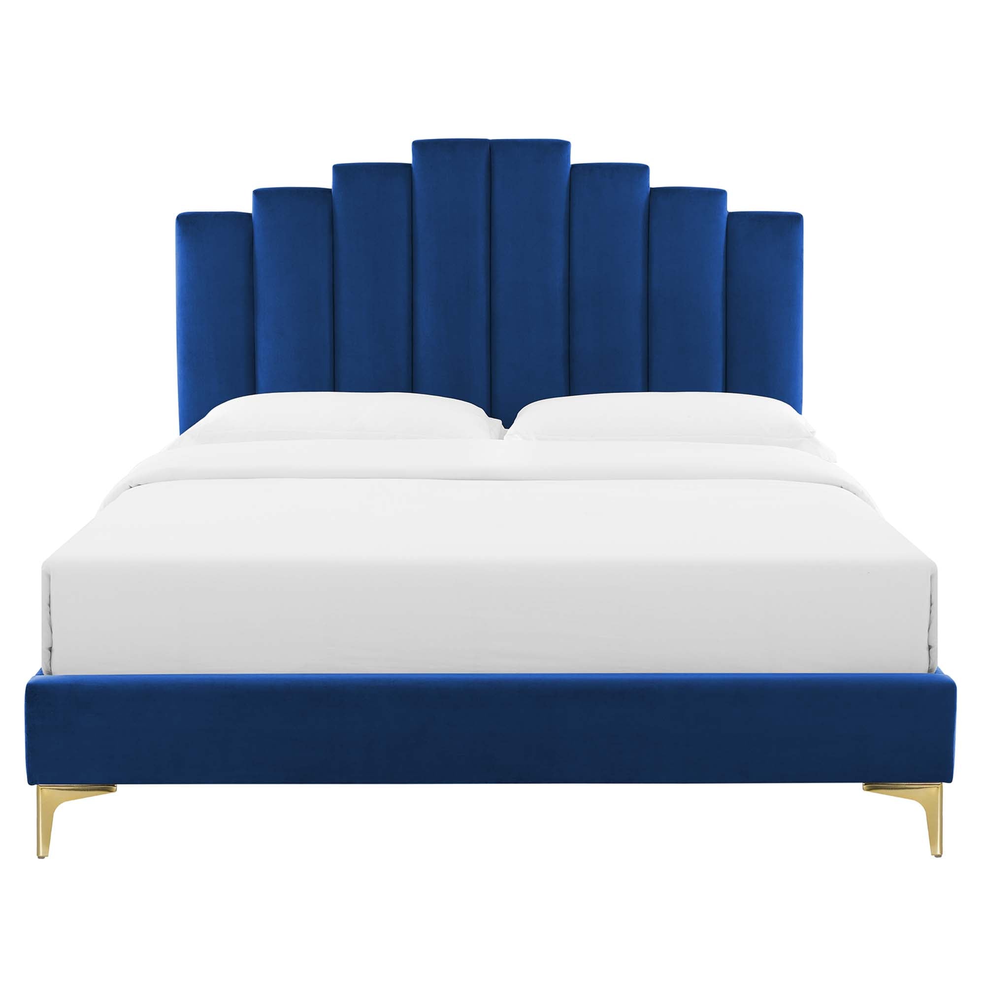 Faelyn Navy Full Performance Velvet Platform Bed – 800 lbs Capacity with Gold Legs