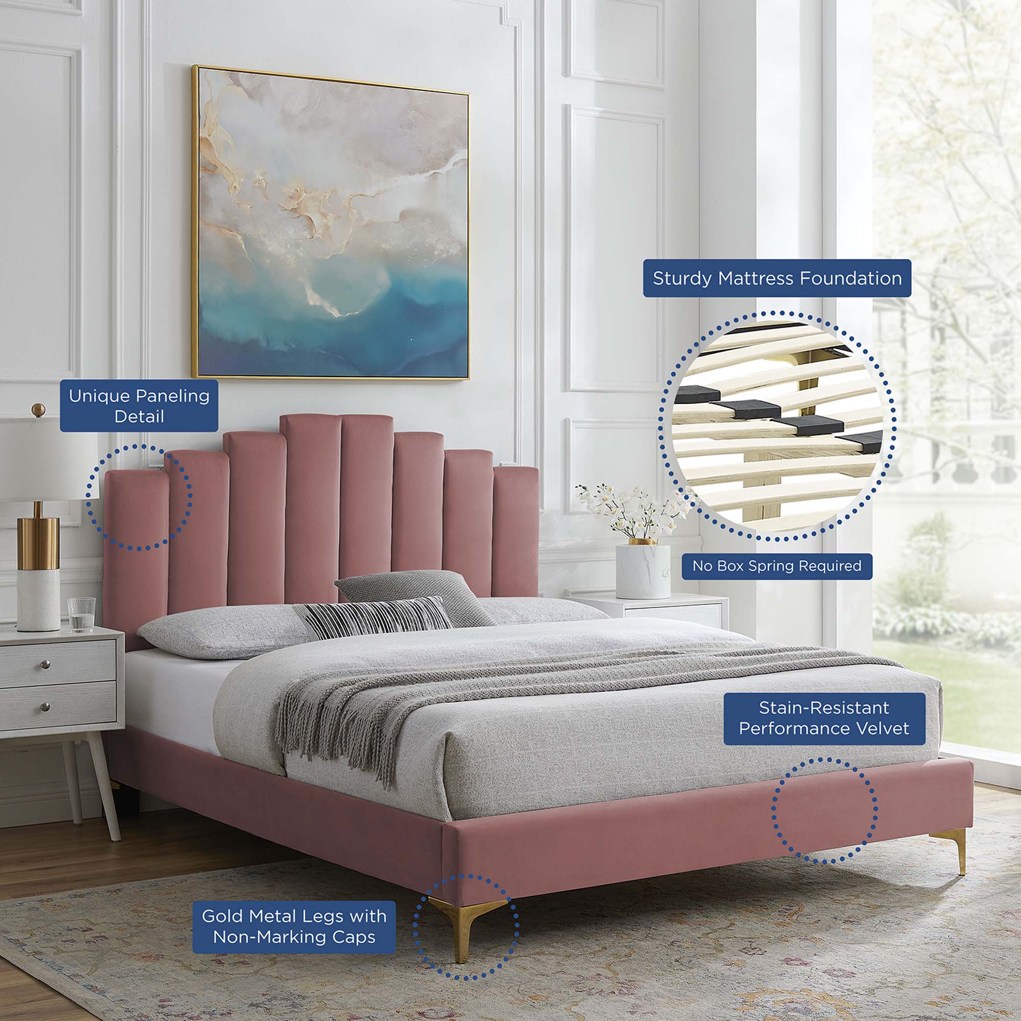 King Daelor Performance Velvet Platform Bed Dusty Rose – Channel Tufted Headboard Design