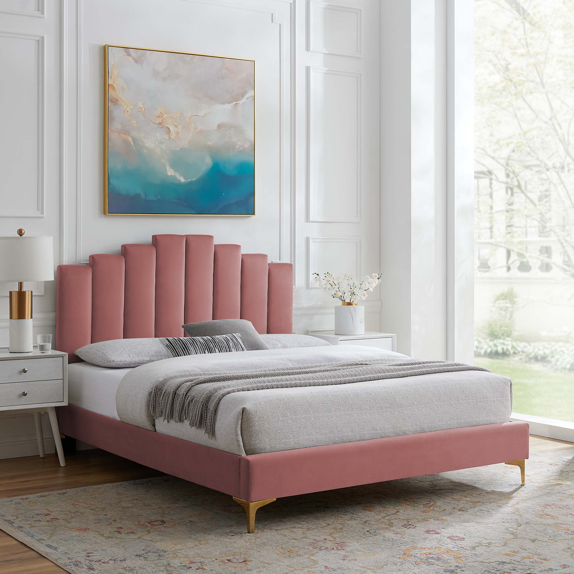 King Daelor Performance Velvet Platform Bed Dusty Rose – Channel Tufted Headboard Design