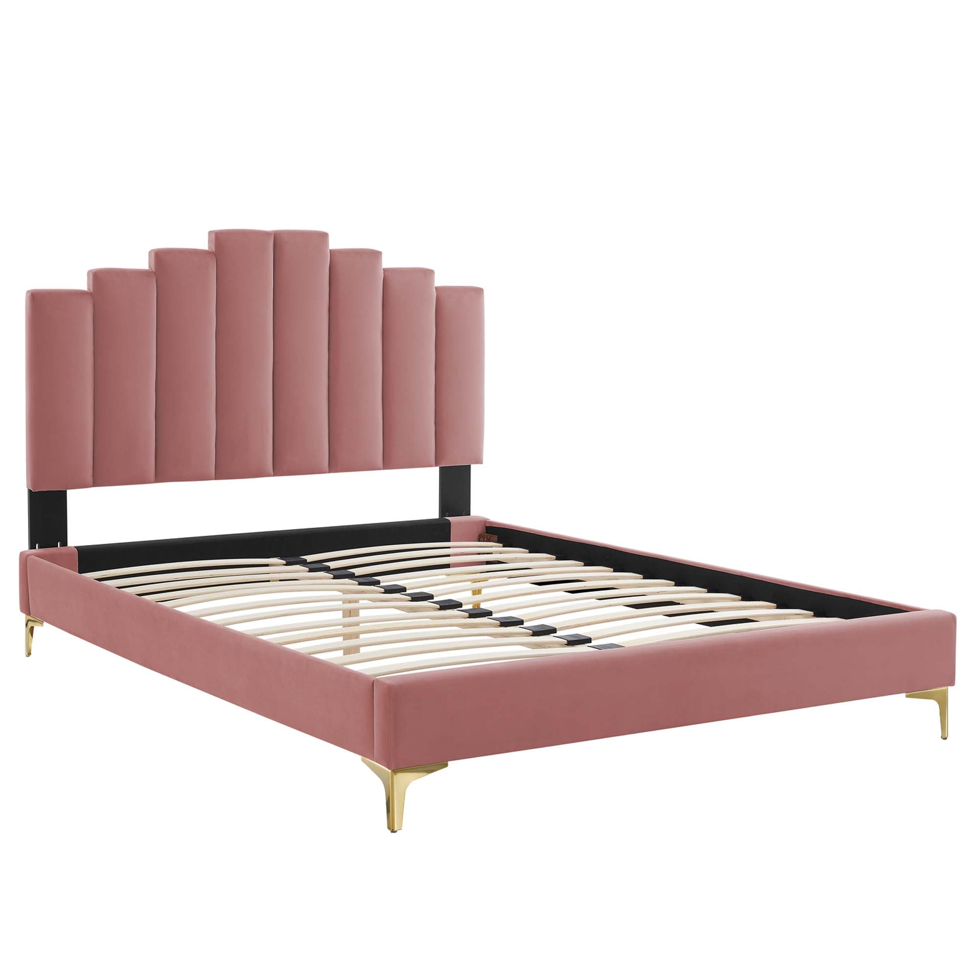 King Daelor Performance Velvet Platform Bed Dusty Rose – Channel Tufted Headboard Design