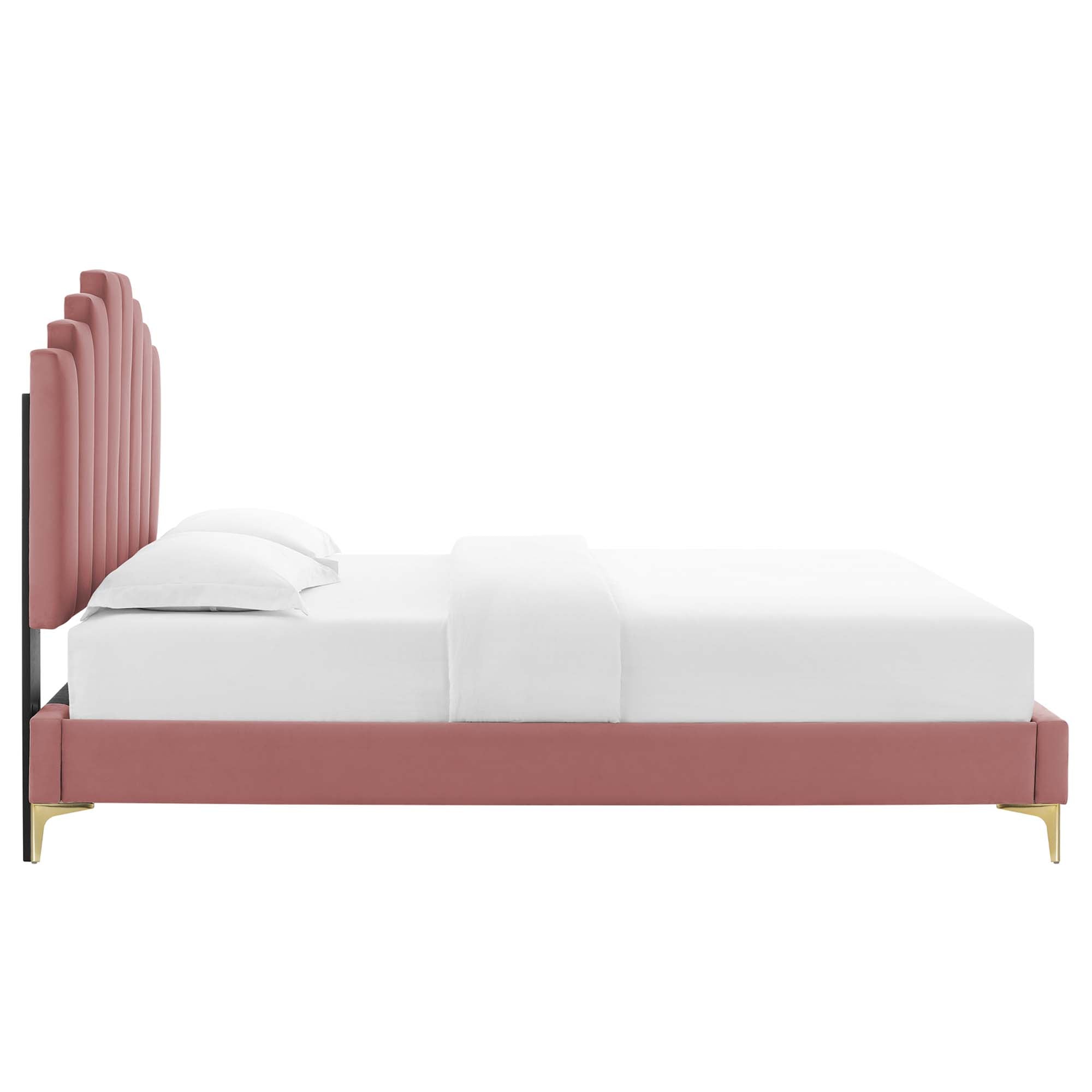 King Daelor Performance Velvet Platform Bed Dusty Rose – Channel Tufted Headboard Design