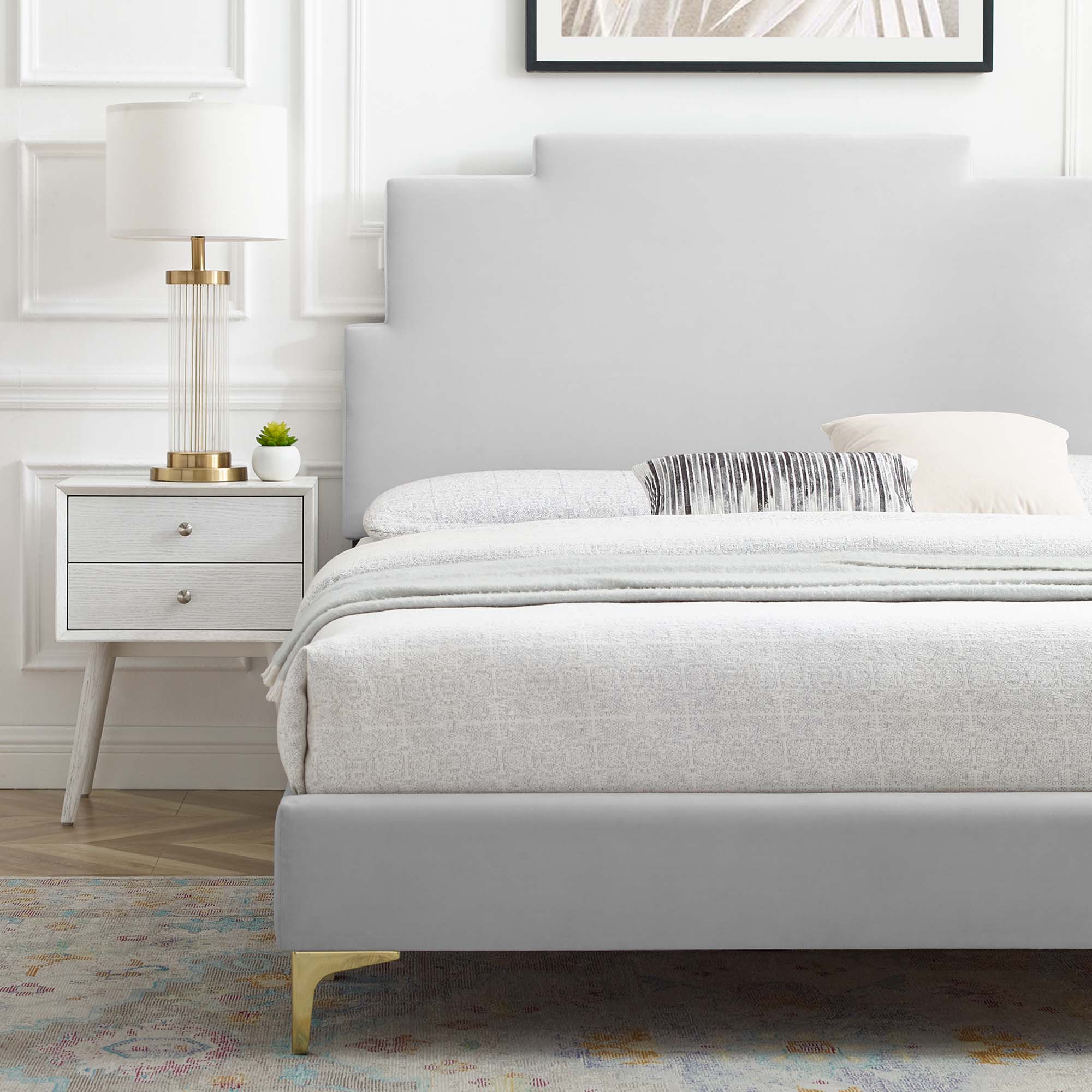 Lindsey Light Gray Performance Velvet Twin Platform Bed