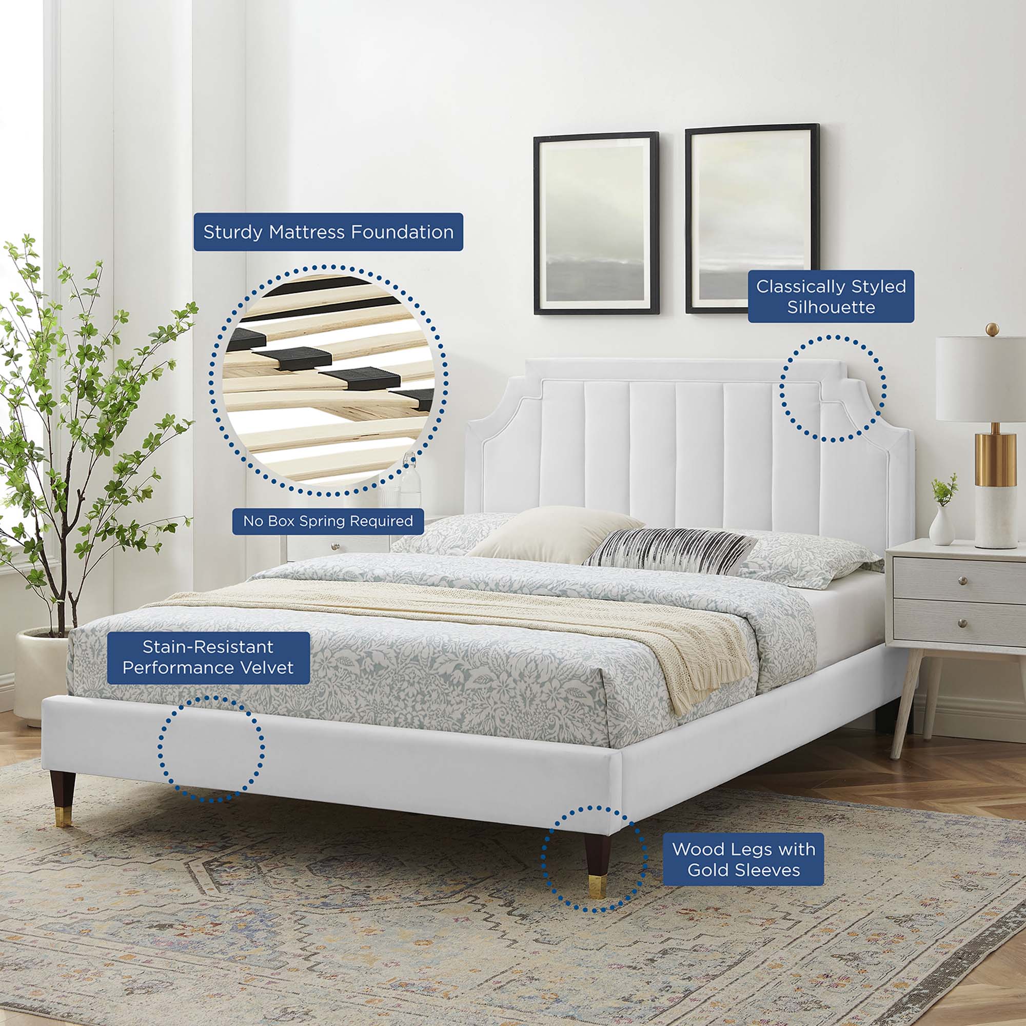 Ledger Twin White Performance Velvet Platform Bed – Channel Tufted Upholstered Frame