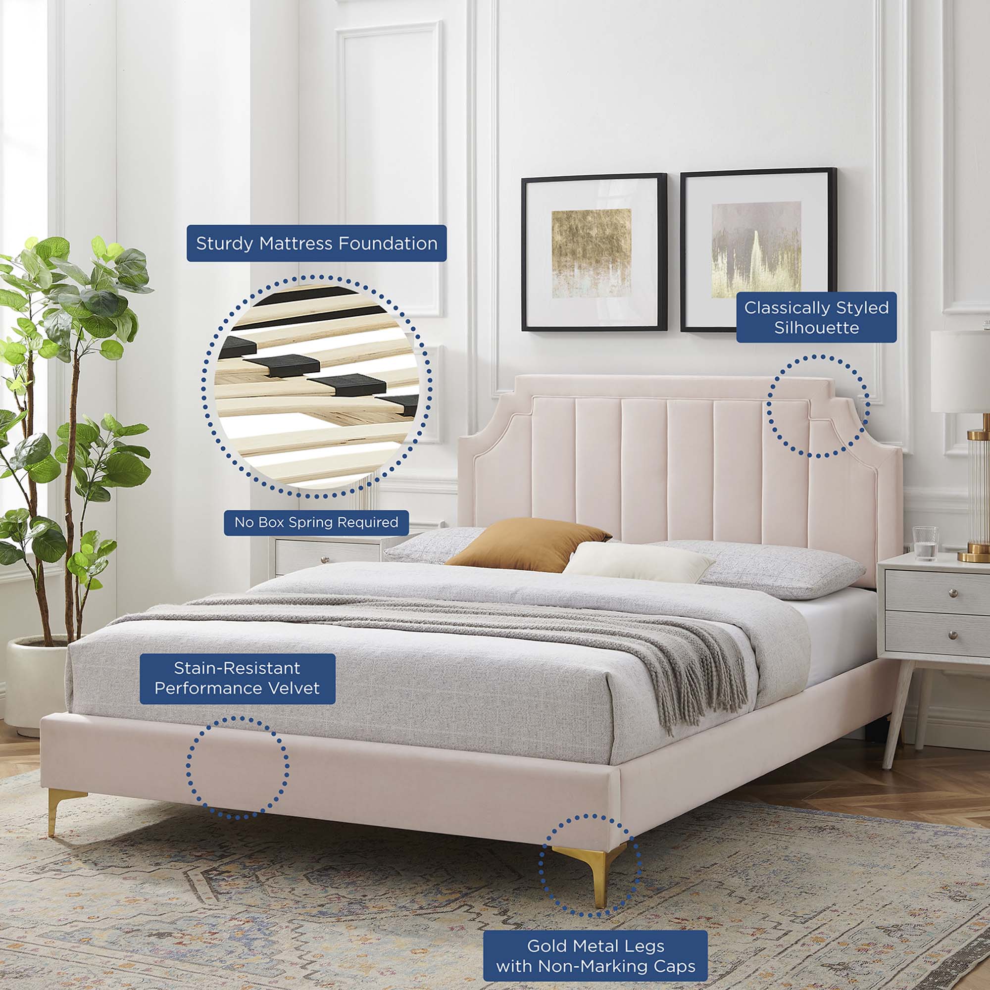 Fernis Performance Velvet Full Platform Bed – Pink Channel Tufted No Box Spring