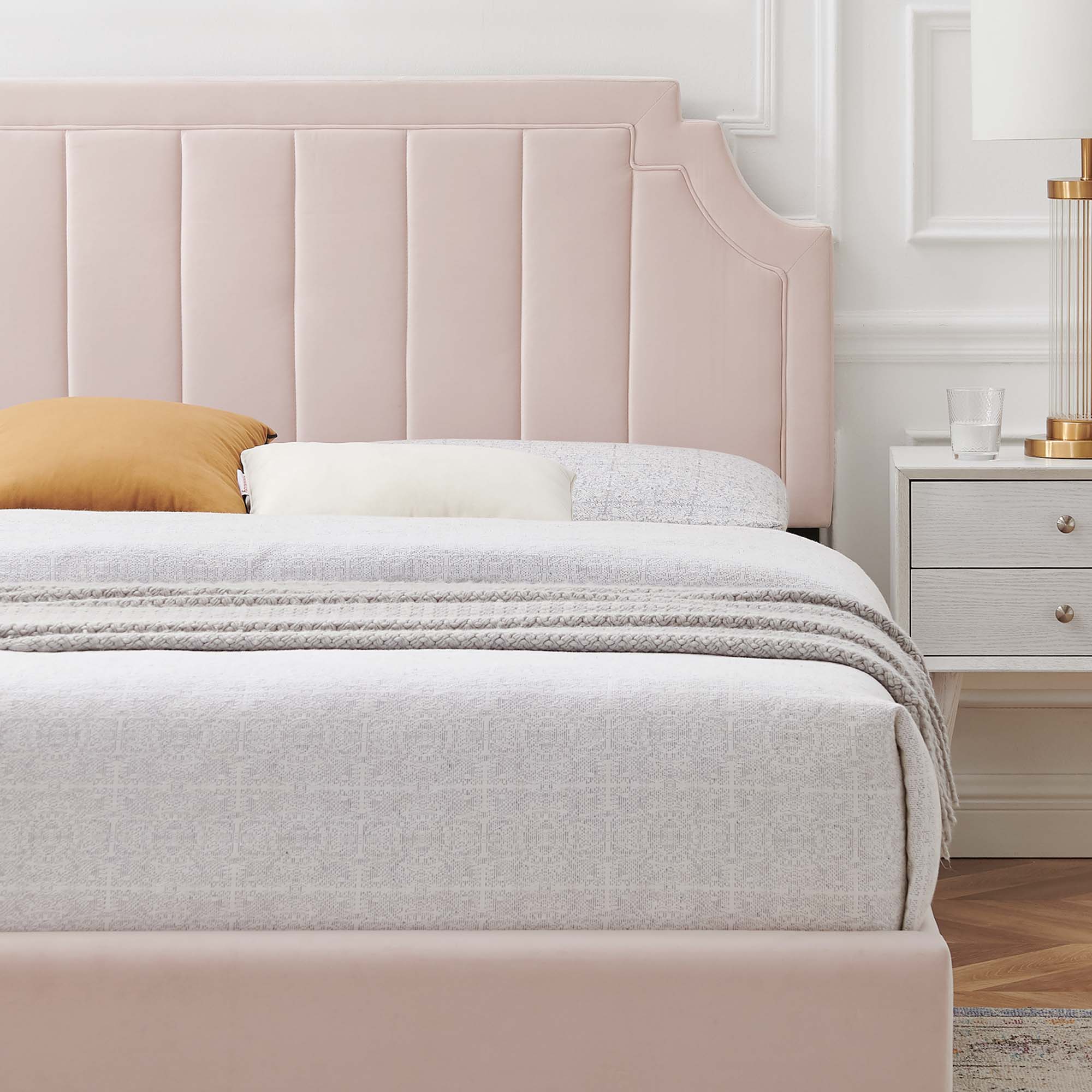 Fernis Performance Velvet Full Platform Bed – Pink Channel Tufted No Box Spring