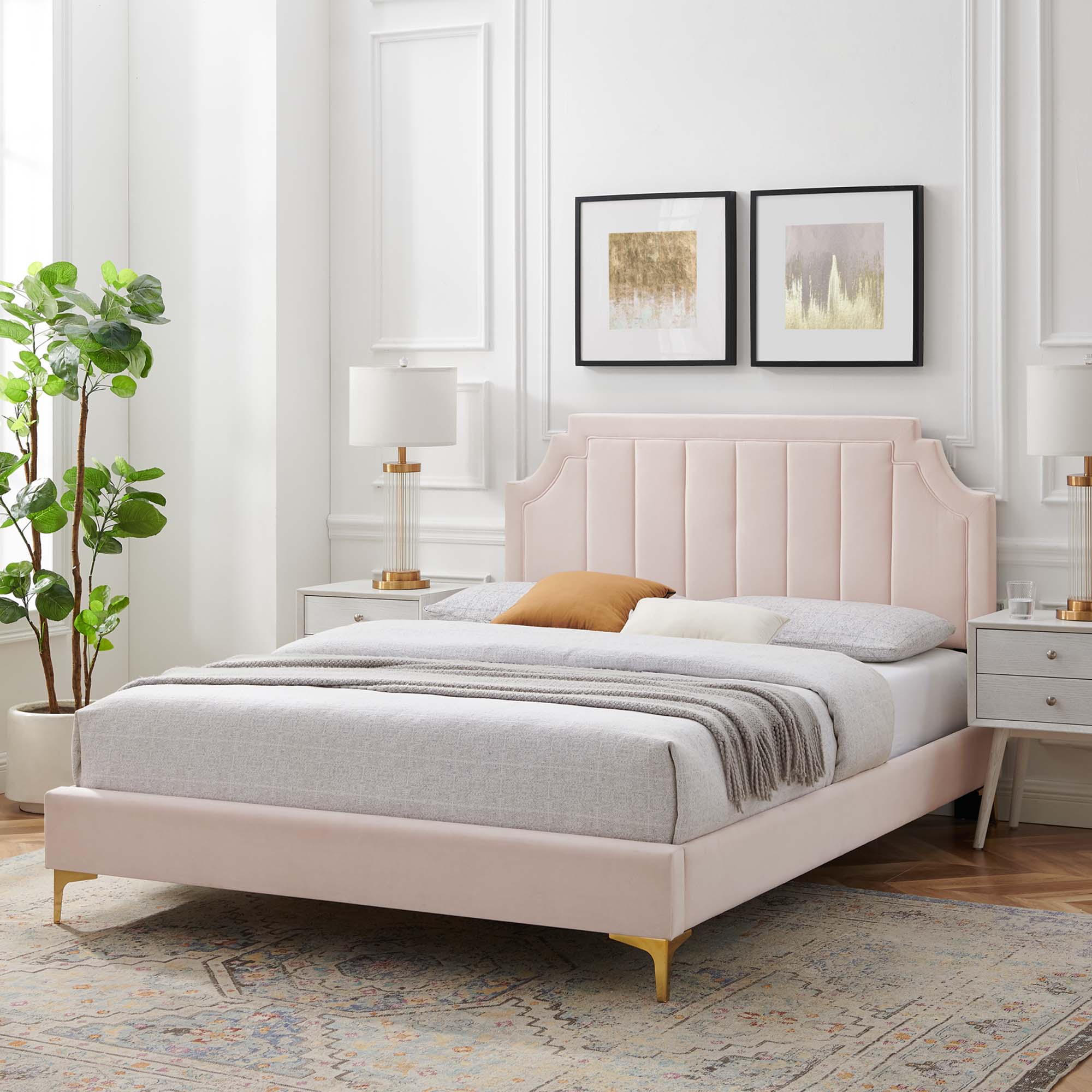 Fernis Performance Velvet Full Platform Bed – Pink Channel Tufted No Box Spring