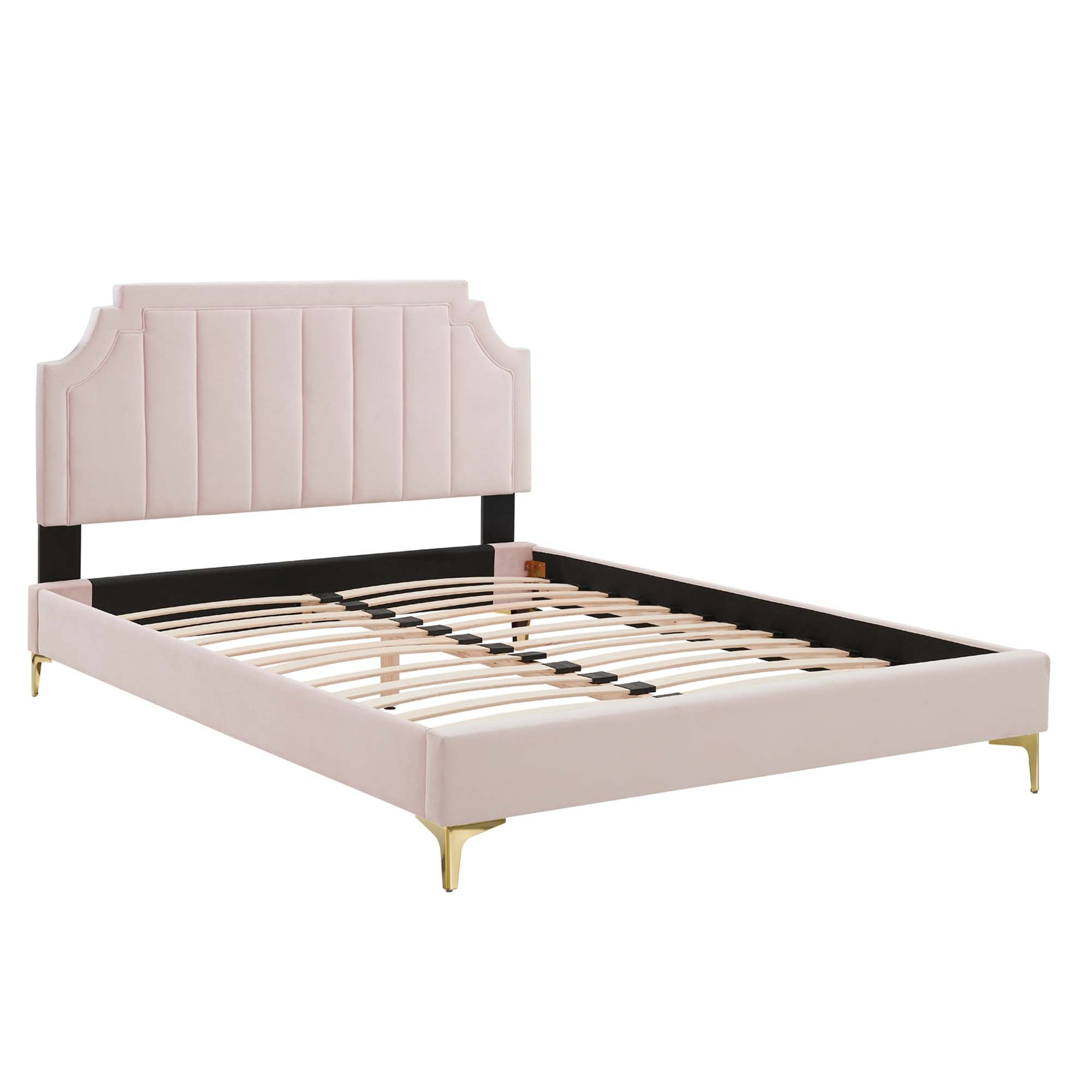Fernis Performance Velvet Full Platform Bed – Pink Channel Tufted No Box Spring