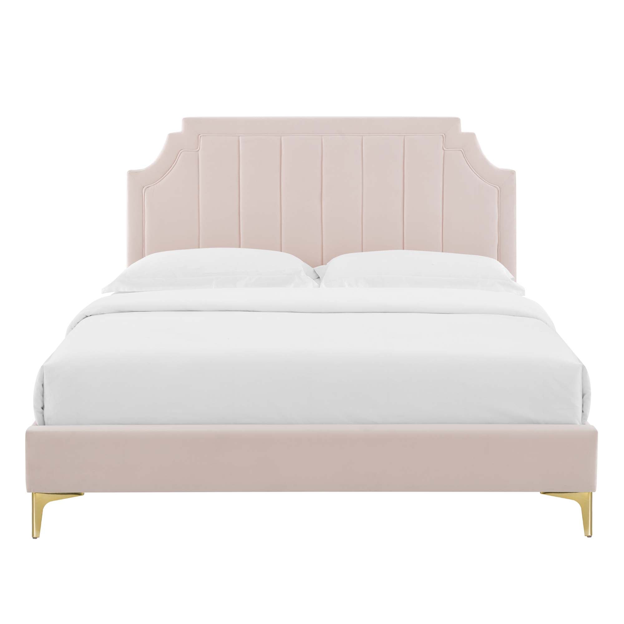 Fernis Performance Velvet Full Platform Bed – Pink Channel Tufted No Box Spring