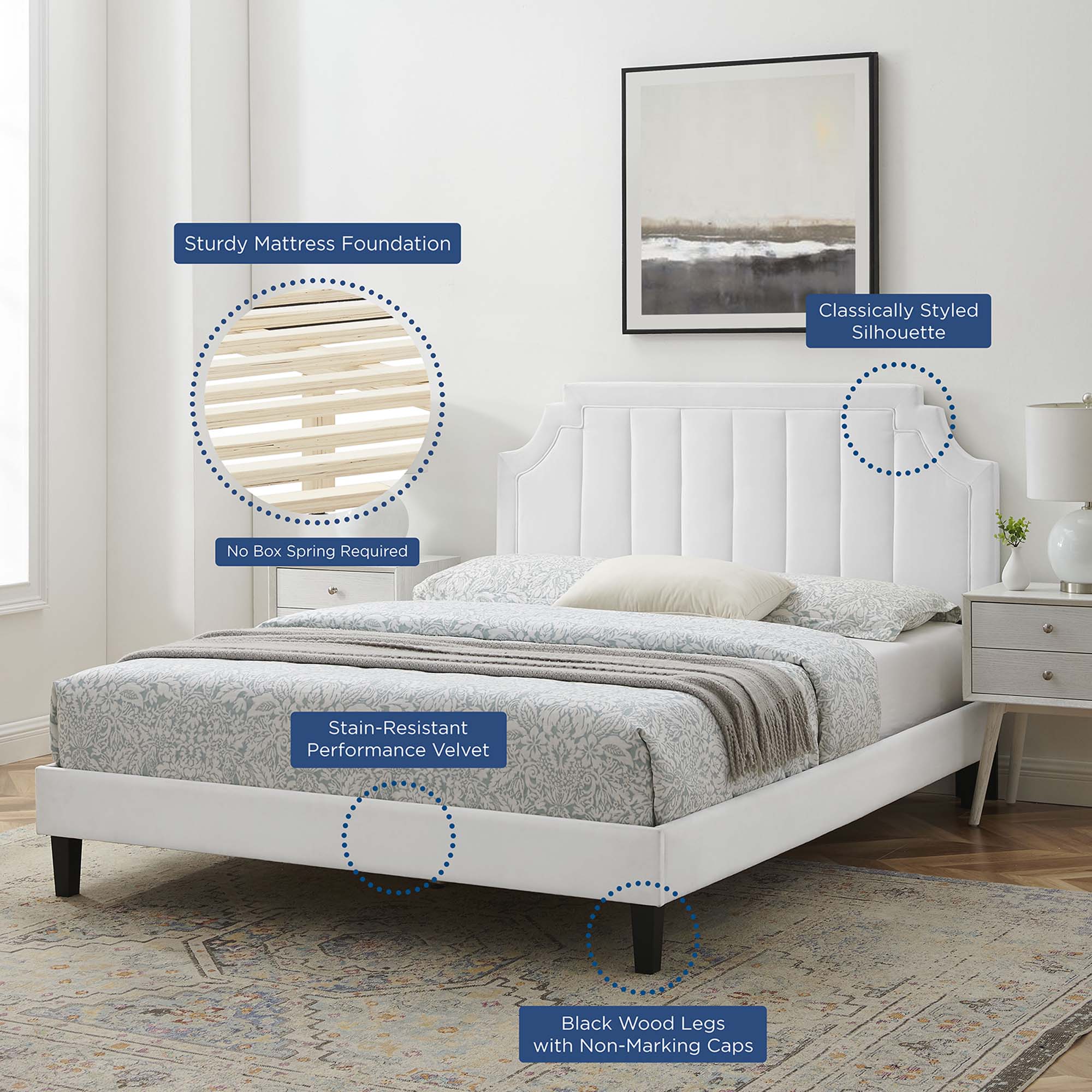White Velvet Krynn Full Platform Bed – Stain Resistant Performance Fabric with Tufting