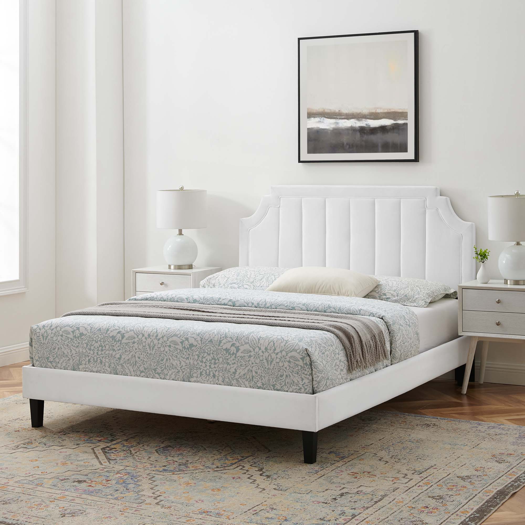 White Velvet Krynn Full Platform Bed – Stain Resistant Performance Fabric with Tufting