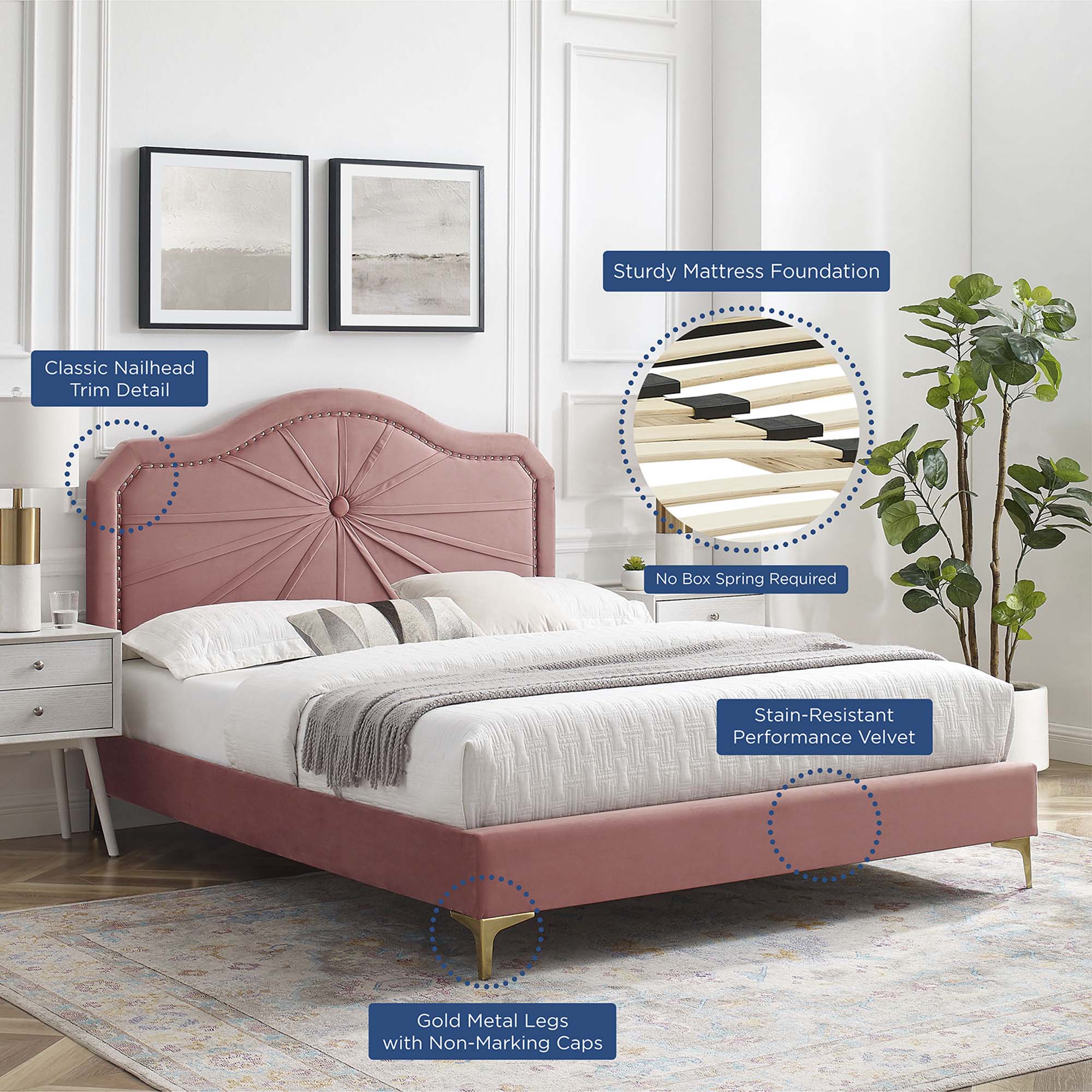 Arbor King Performance Velvet Upholstered Platform Bed – Dusty Rose Stain-Resistant Design