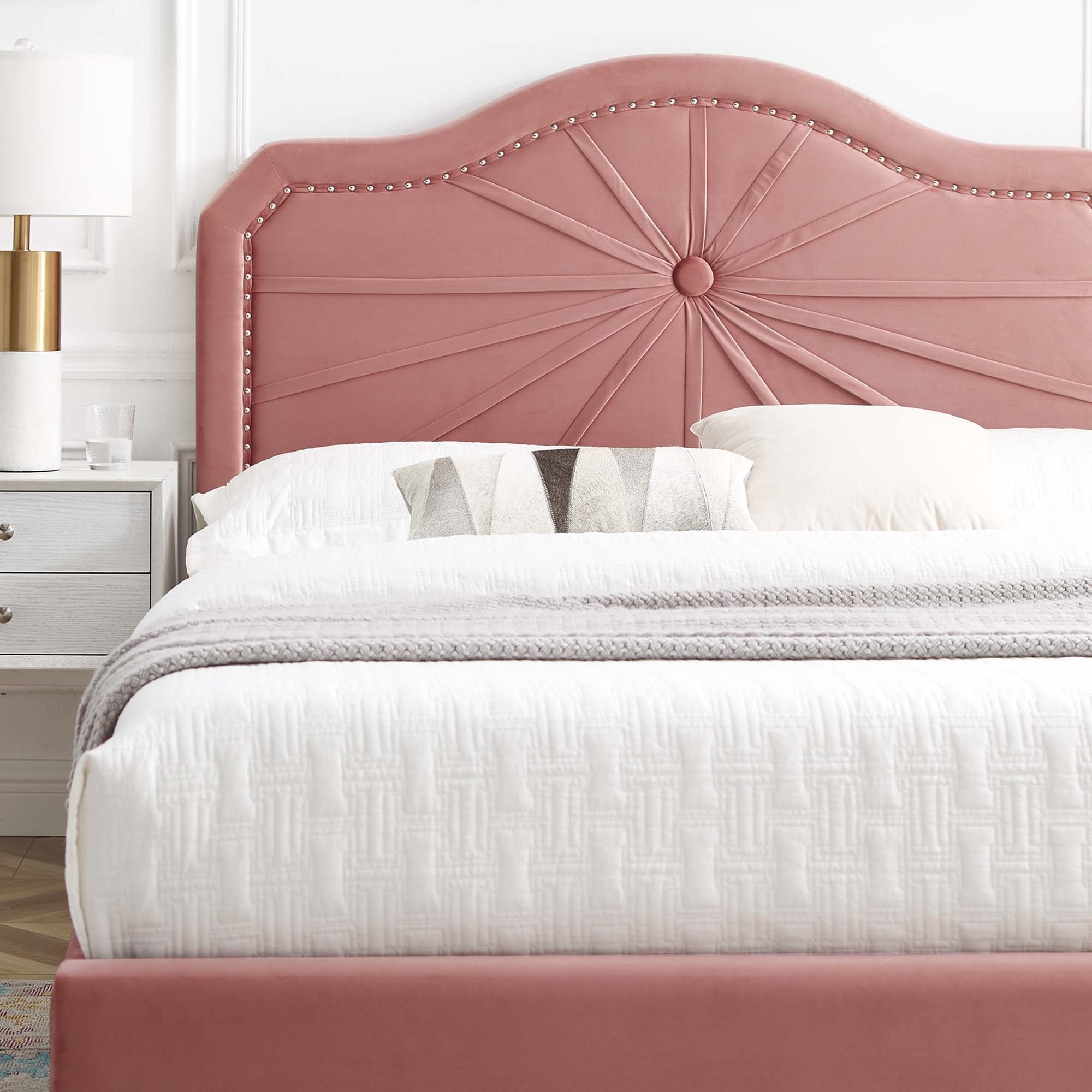 Arbor King Performance Velvet Upholstered Platform Bed – Dusty Rose Stain-Resistant Design
