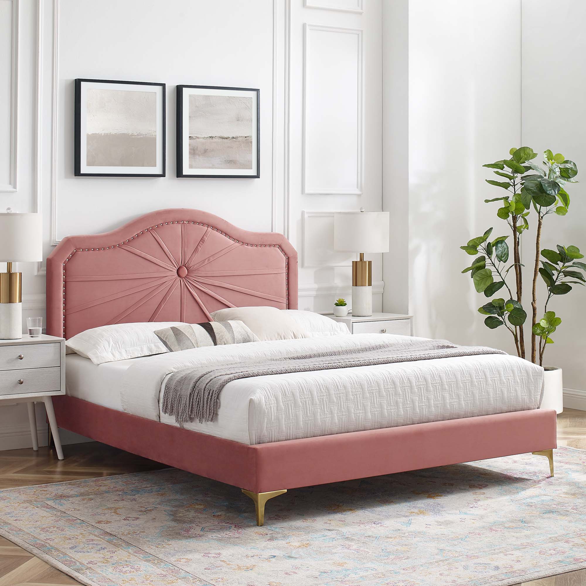 Arbor King Performance Velvet Upholstered Platform Bed – Dusty Rose Stain-Resistant Design
