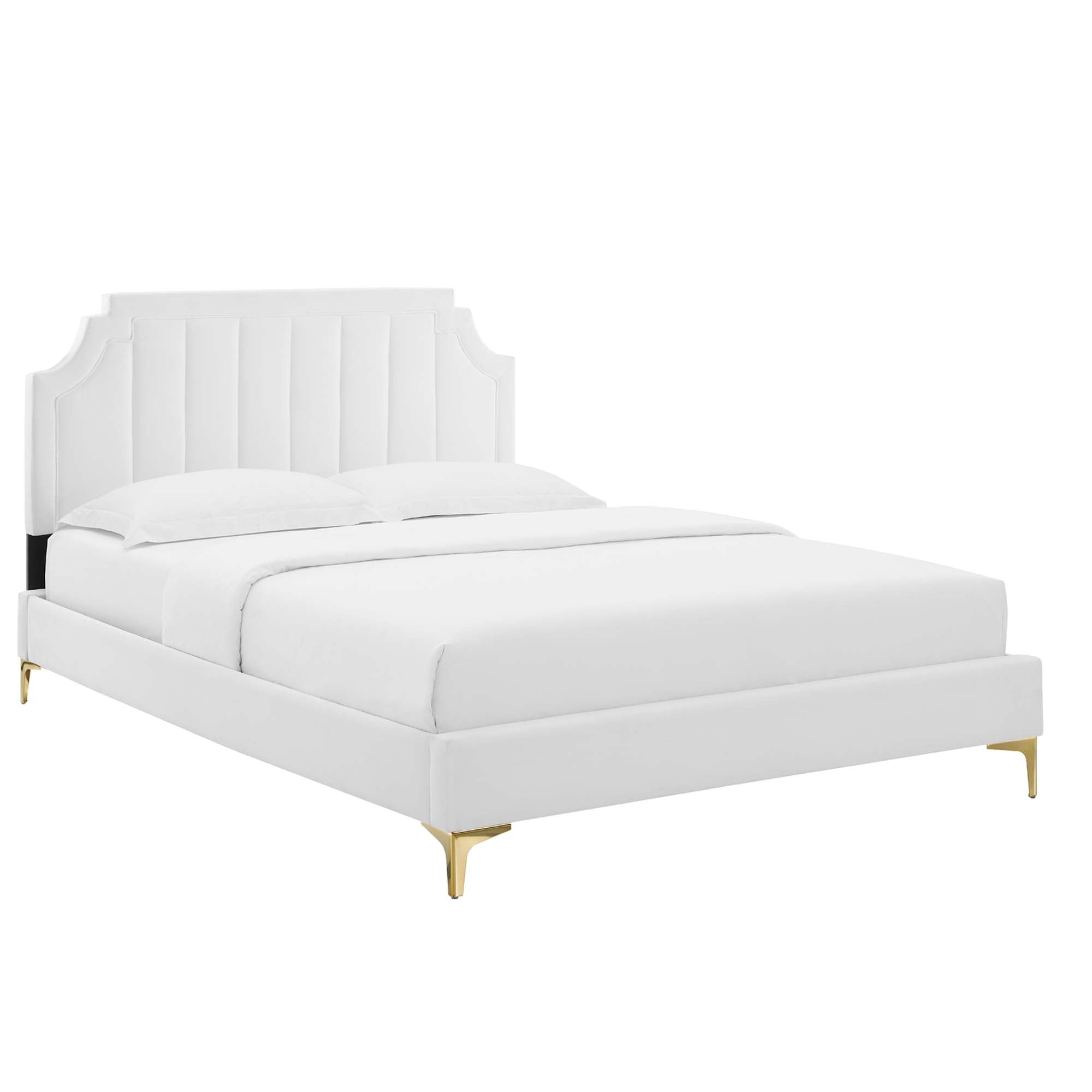 Cedwyn White King Platform Bed – Performance Velvet Channel Tufted Headboard