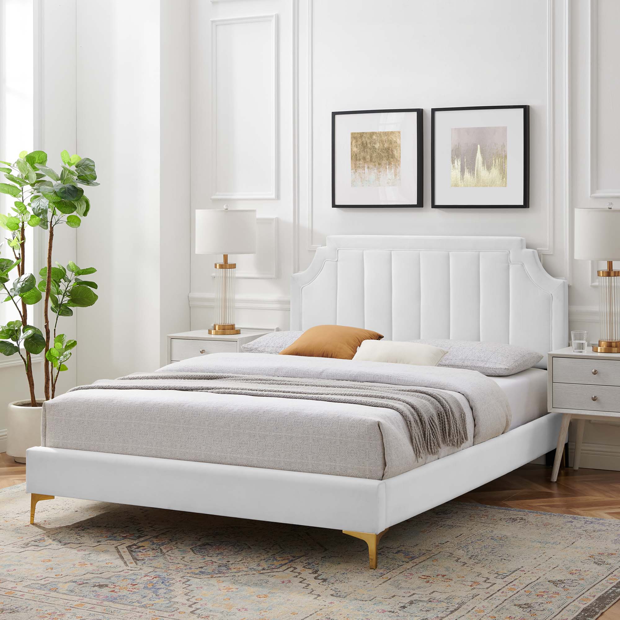 Cedwyn White King Platform Bed – Performance Velvet Channel Tufted Headboard
