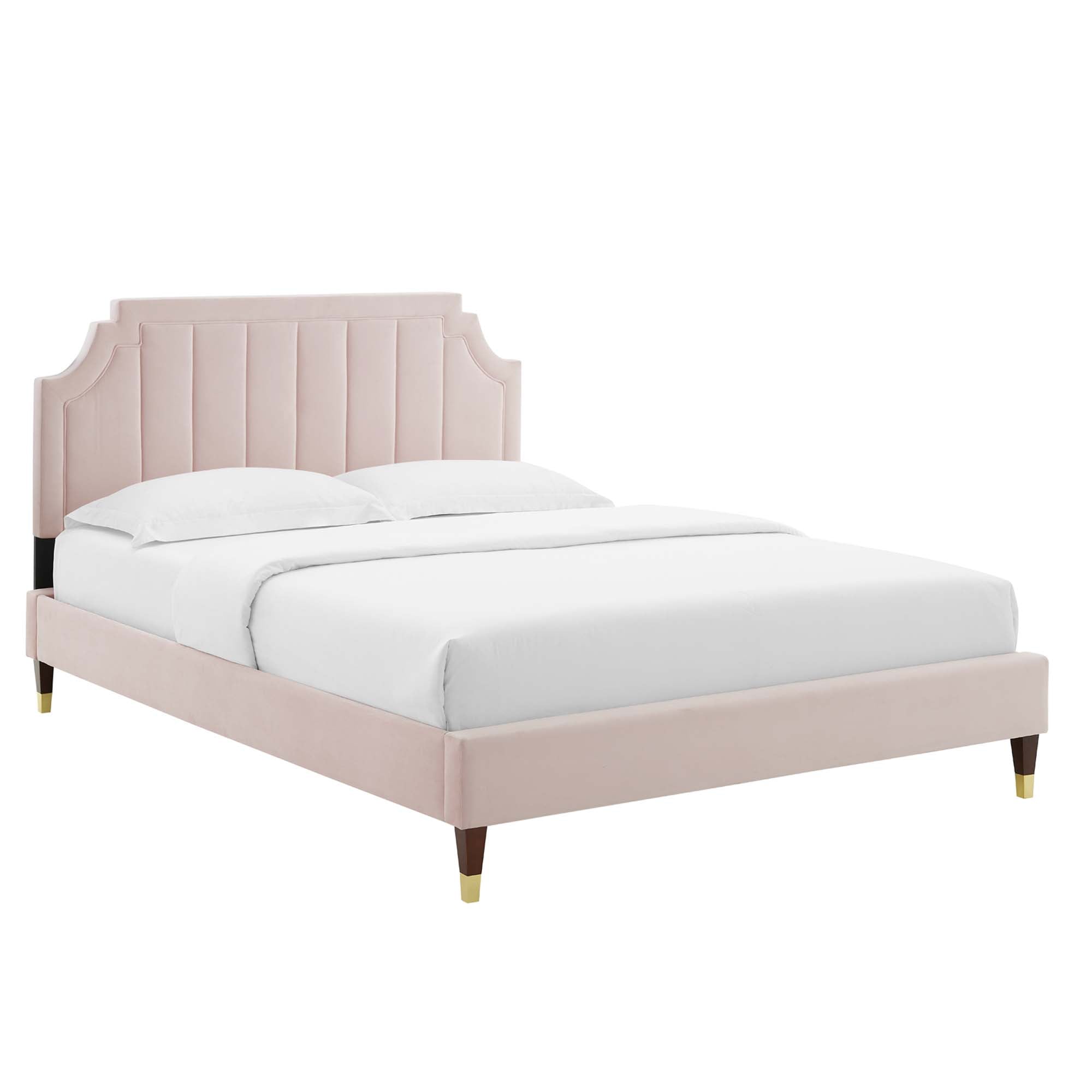 Galenor King Performance Velvet Platform Bed – Channel Tufted with Gold Accents