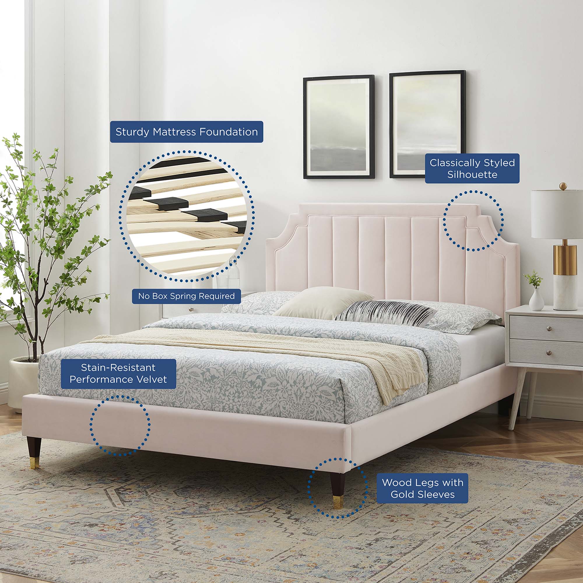 Galenor King Performance Velvet Platform Bed – Channel Tufted with Gold Accents