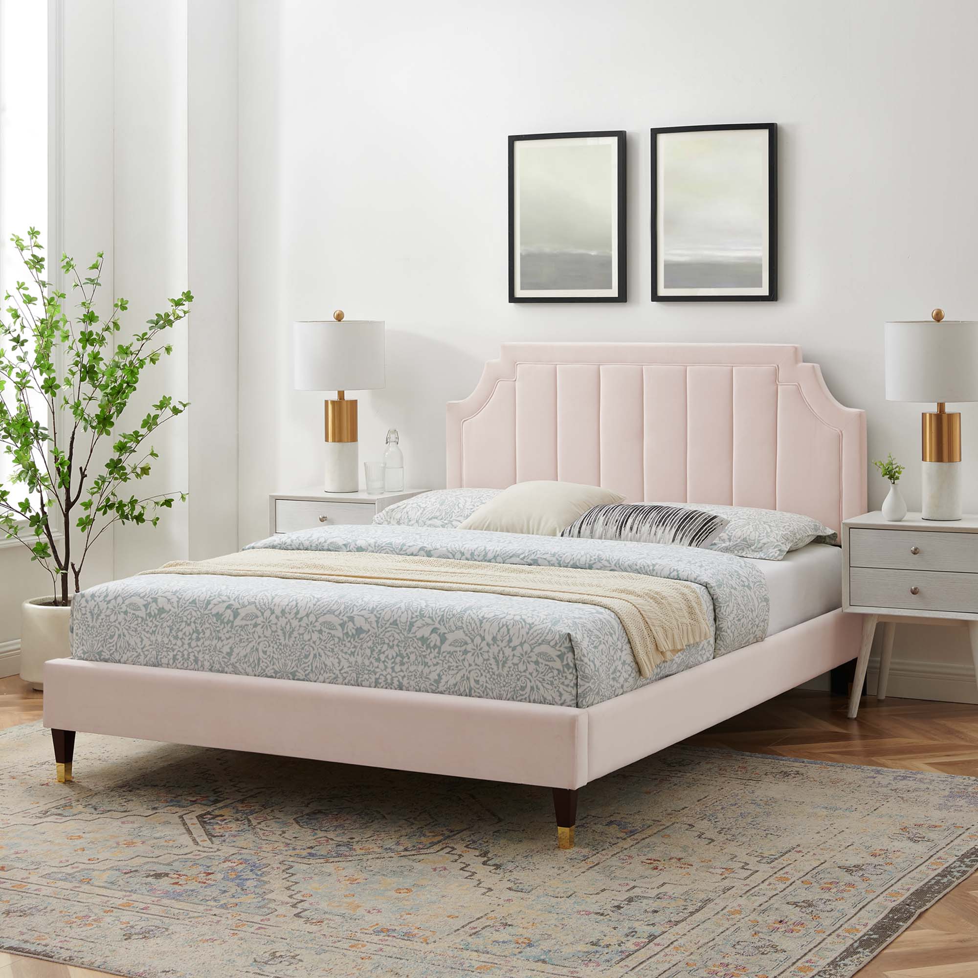 Galenor King Performance Velvet Platform Bed – Channel Tufted with Gold Accents