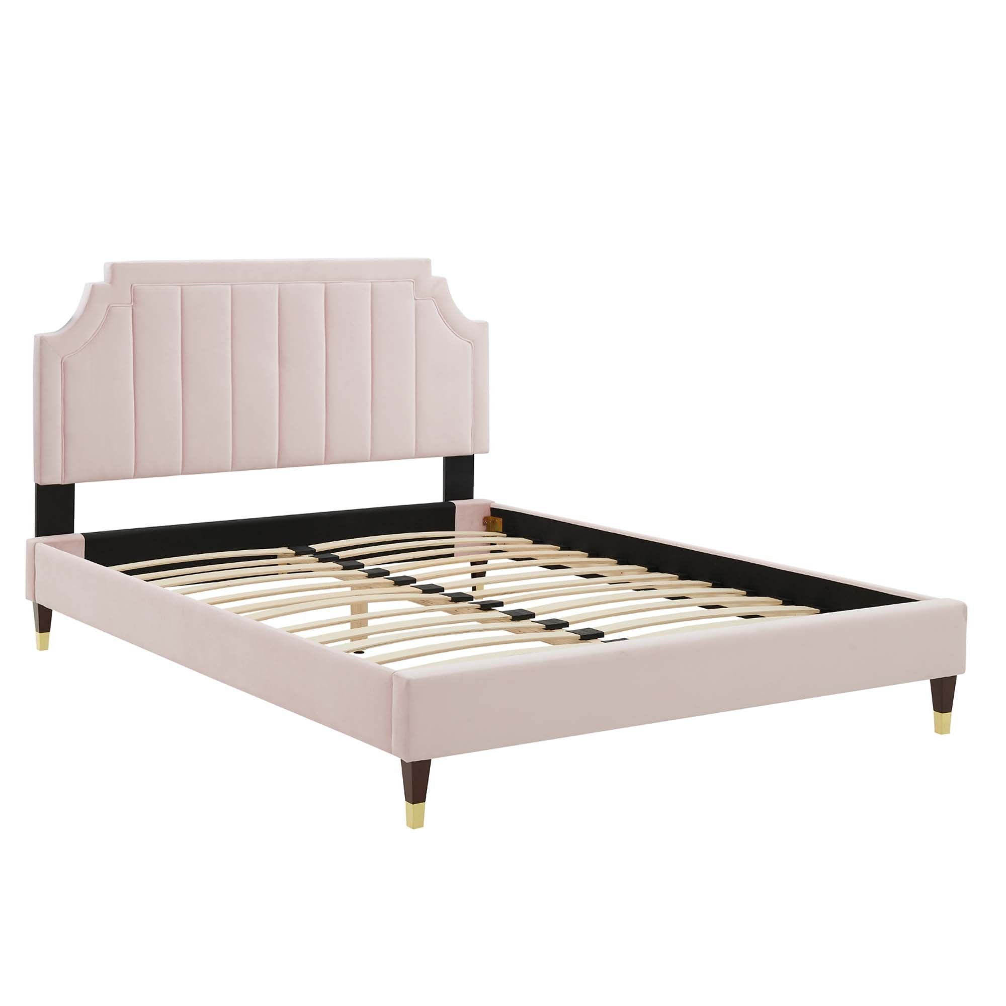 Galenor King Performance Velvet Platform Bed – Channel Tufted with Gold Accents