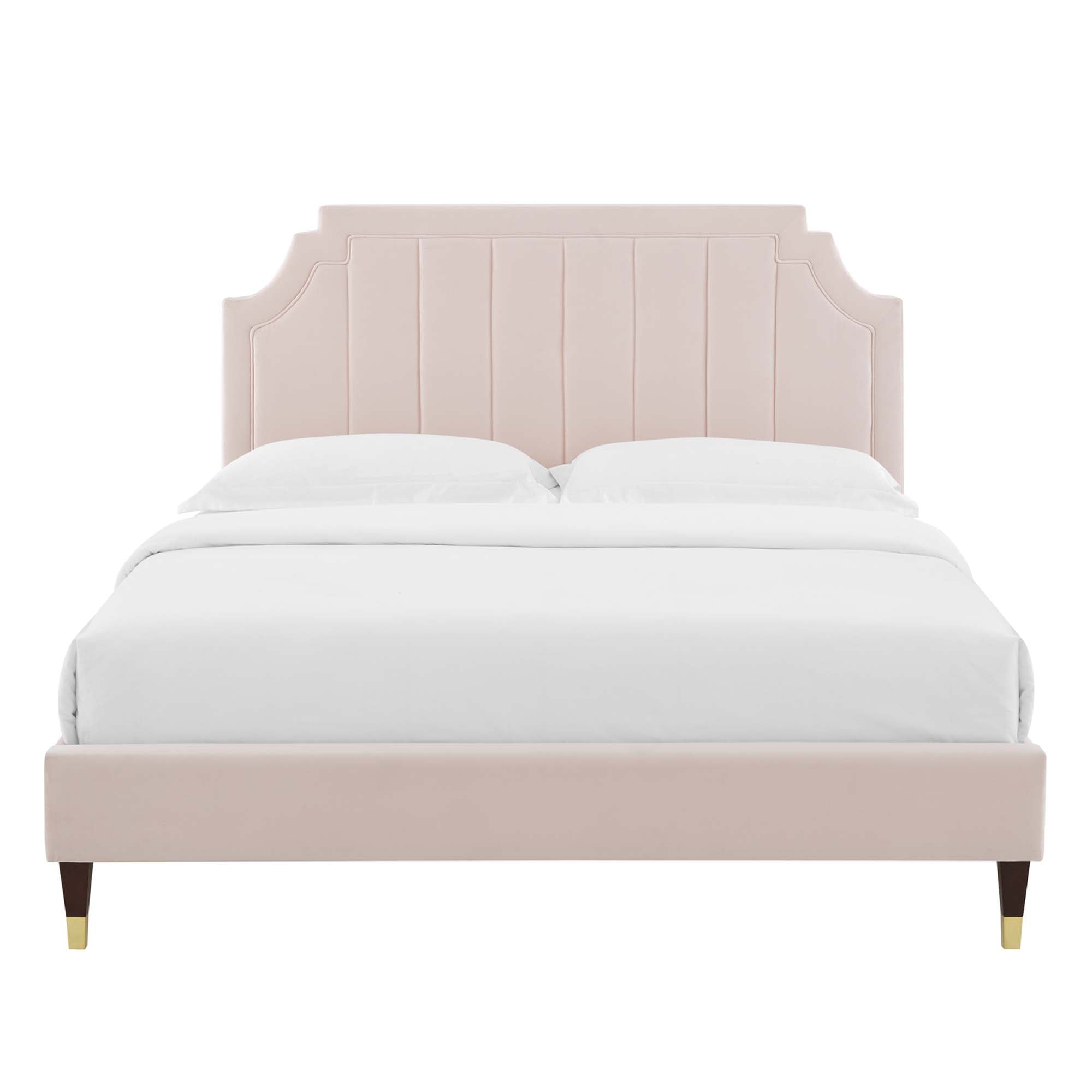 Galenor King Performance Velvet Platform Bed – Channel Tufted with Gold Accents
