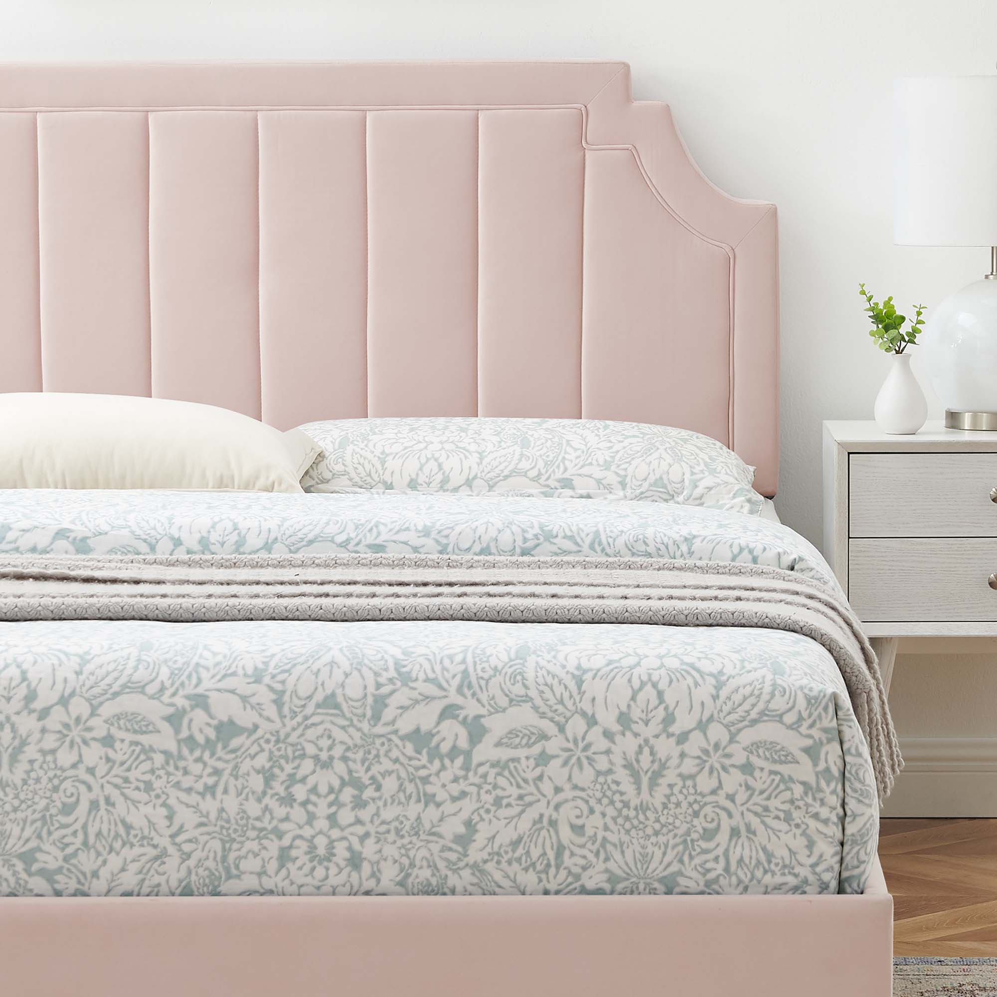 King Performance Velvet Zinque Platform Bed – Pink Upholstered Bed Frame