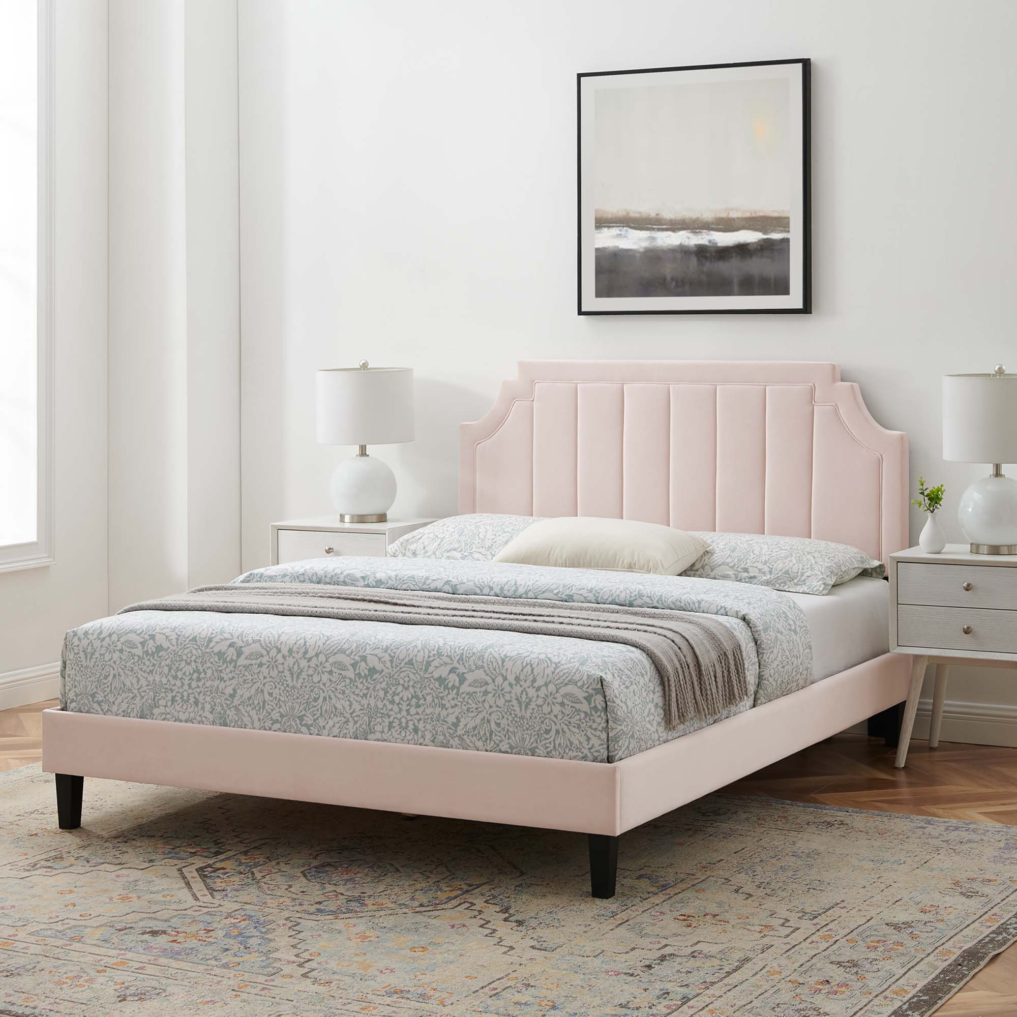 King Performance Velvet Zinque Platform Bed – Pink Upholstered Bed Frame