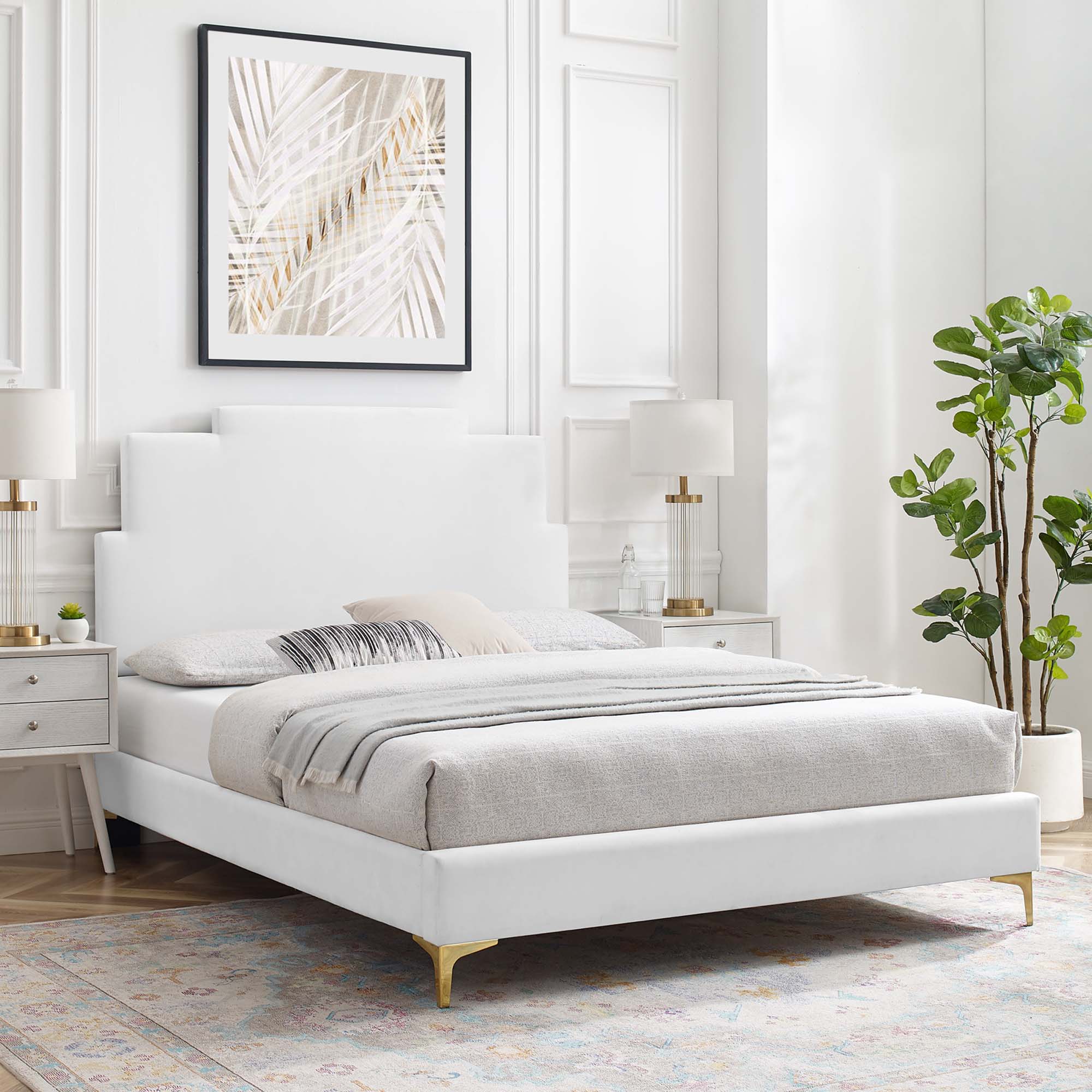 Lindsey White Performance Velvet King Platform Bed