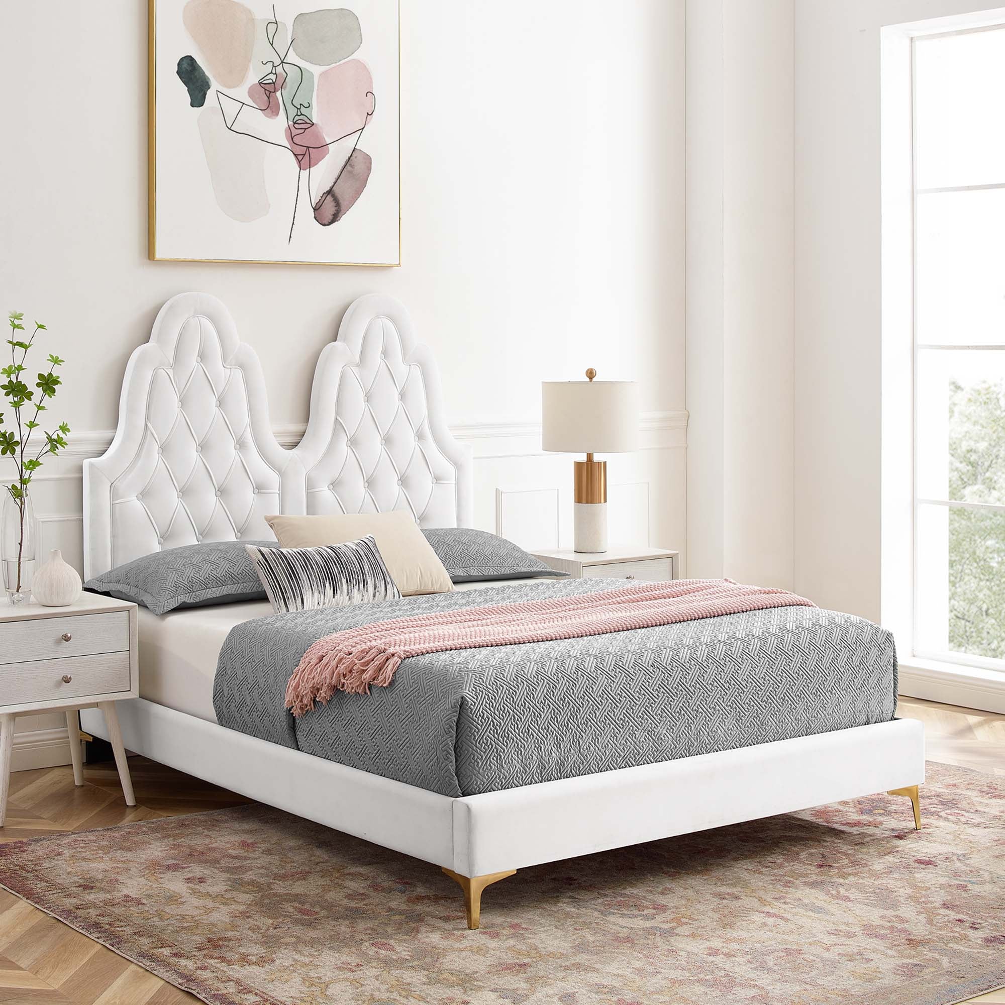 Maia Alexandria White Twin Velvet Bed Modern Platform Design with Tufted Headboard