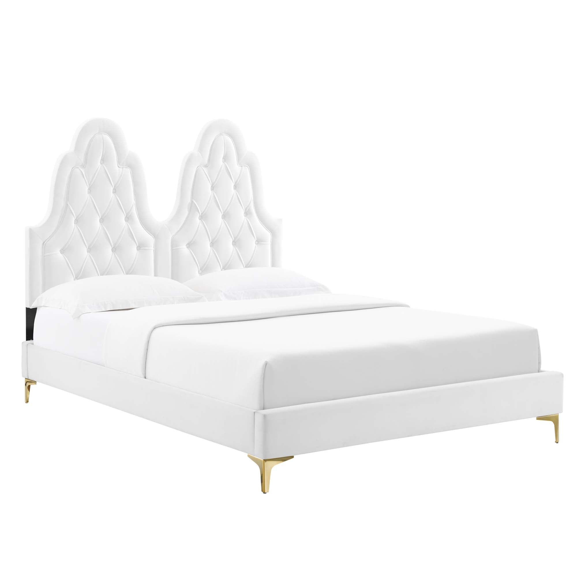 Maia Alexandria White Twin Velvet Bed Modern Platform Design with Tufted Headboard